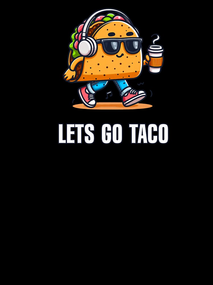 Funny walking taco with headphones and coffee – cute food pun illustration for taco lovers, music fans and humor art by All-Of-Art