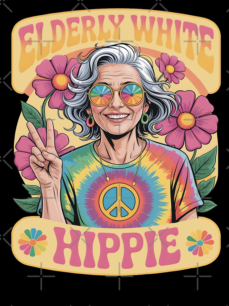 Elderly White Hippie Woman Groovy Retro Flower Power by SkymarArt