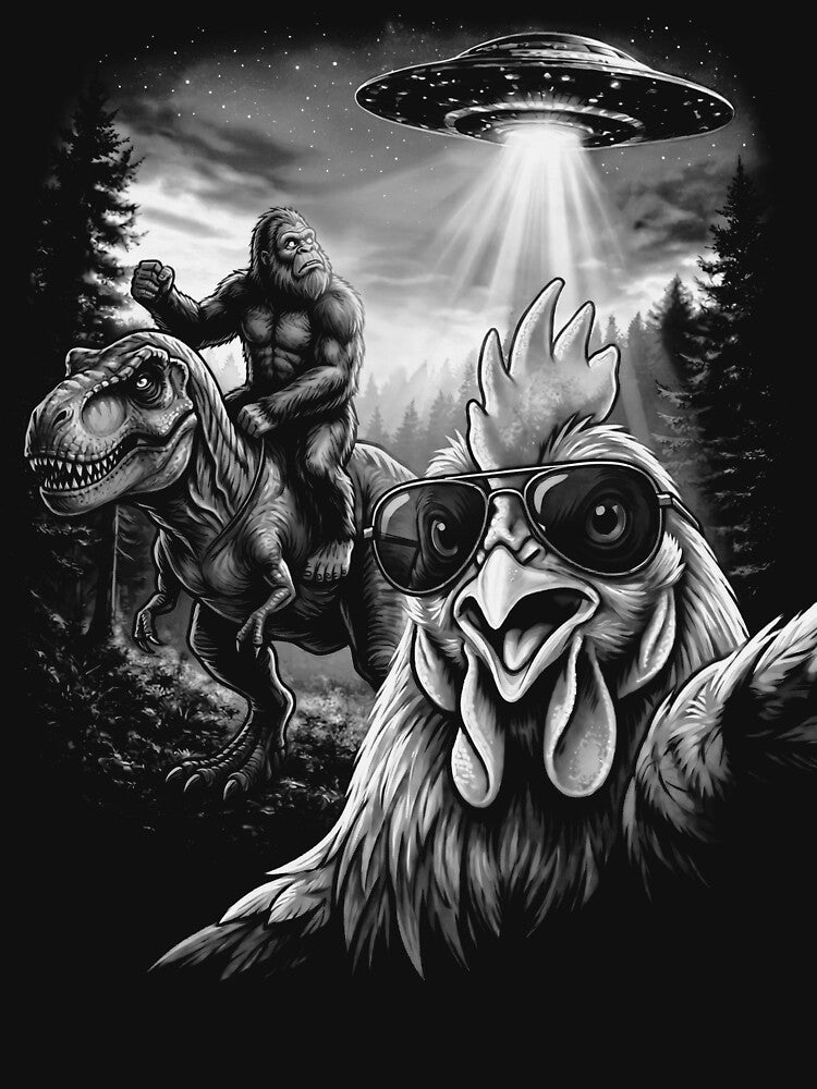 Funny Graphic Cat Selfie with Bigfoot Riding T Rex Dinosaur by UniTeeCo