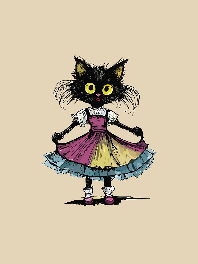 small black cat grumpy with thin legs in a dress by Firas Aljazzar