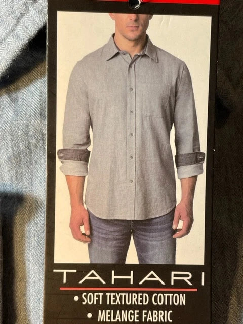 TAHARI MEN'S BRUSHED HERRINGBONE BUTTON DOWN SHIRT (BLUE GREY CUFF MEDIUM) NWT