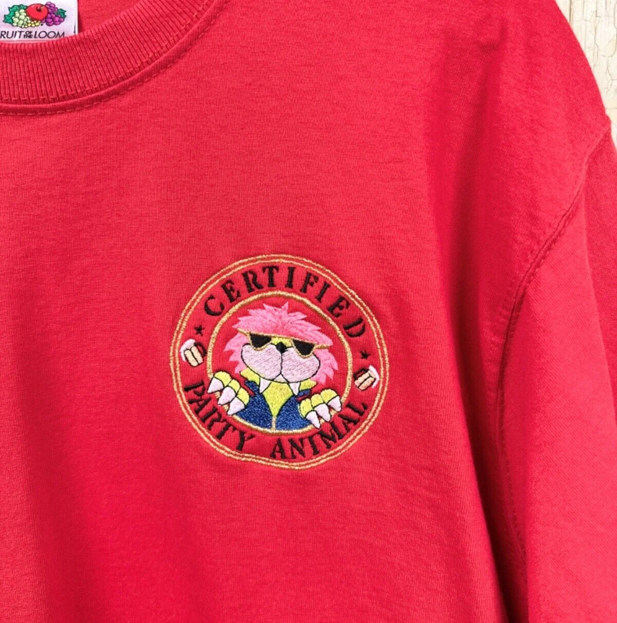 Vintage Certified Party Animal Embroidered T Shirt Red Med