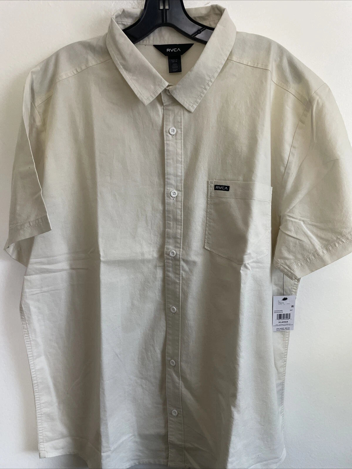 New RVCA Designer Street Style Button Font Short Sleeve Shirt Size L Cream Logo