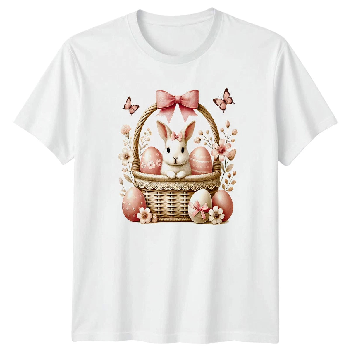 Cute Watercolor Bunny In Basket Womens T-Shirt Pastel Floral Easter