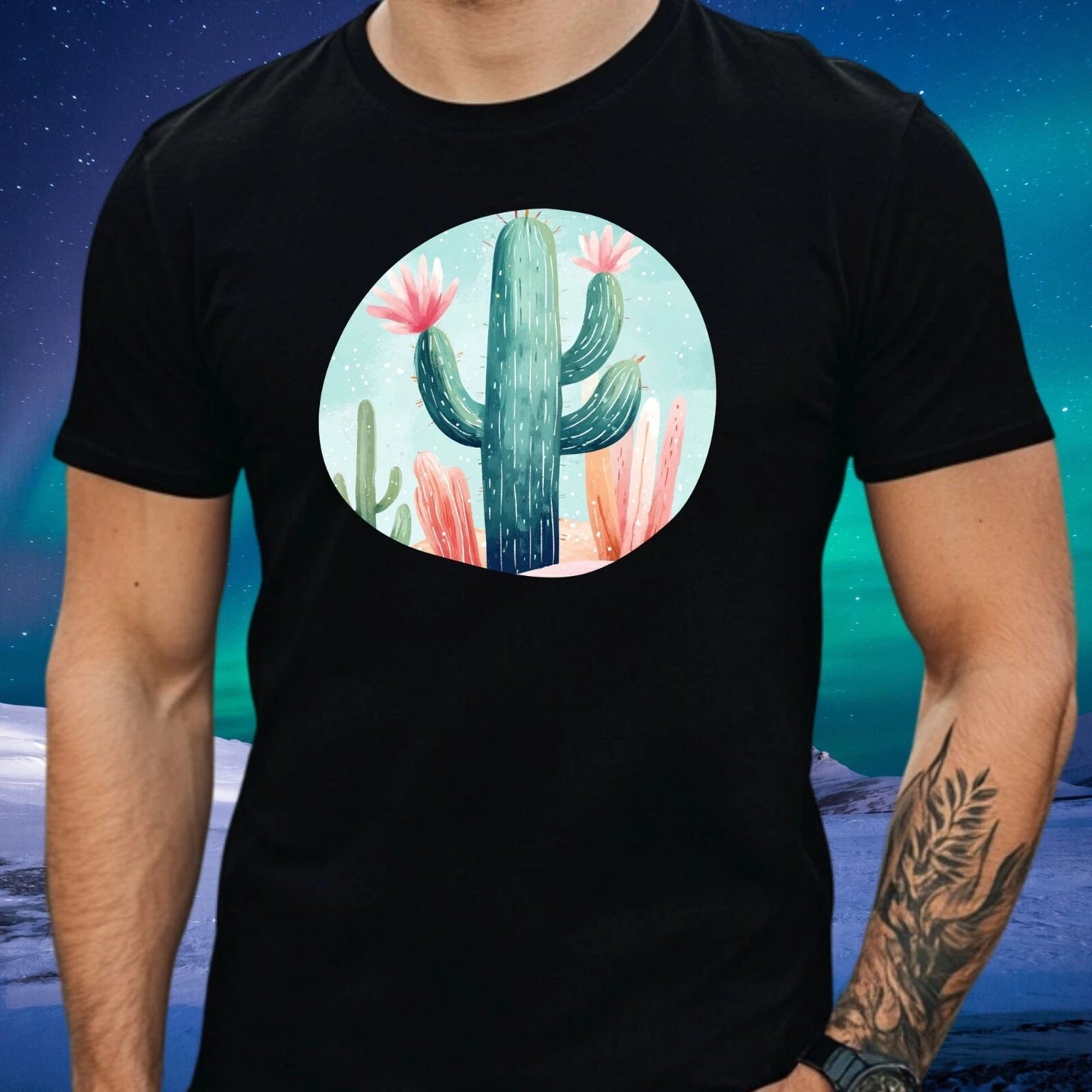 Mens Pastel Cactus Motif Cotton T-Shirt Size XS to 5XL