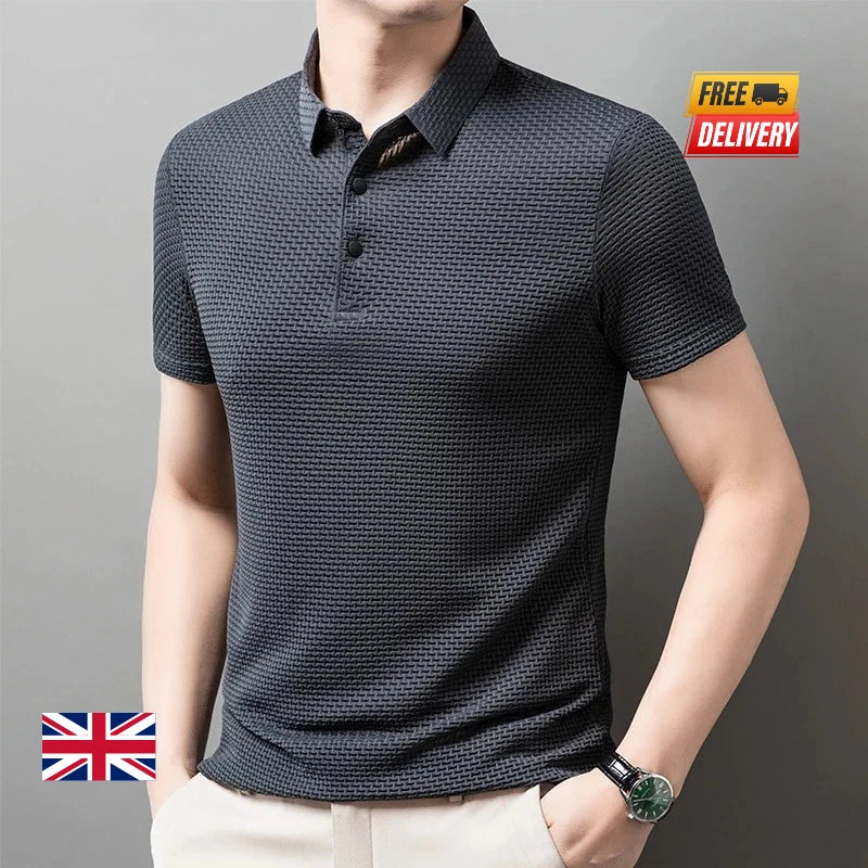Mens texture Polo Shirt Short Sleeve Casual Breathable Summer Solid Color Top uk