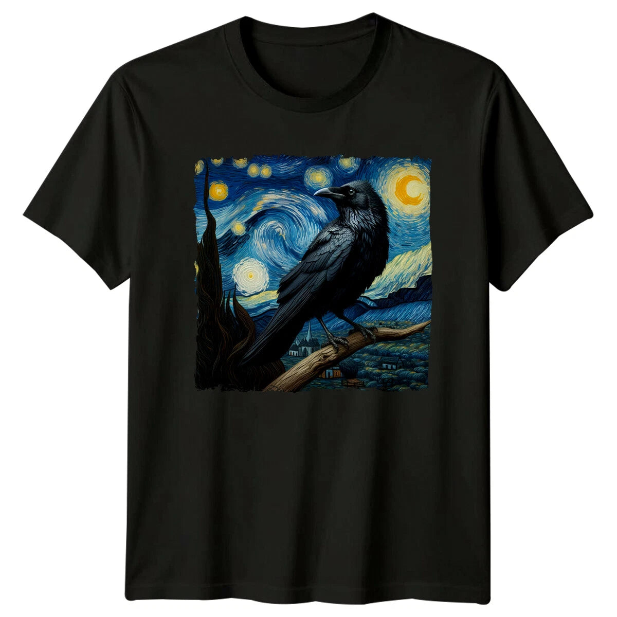 Starry Night Raven T-Shirt, Van Gogh Crow Art Tee, Nature T-Shirt