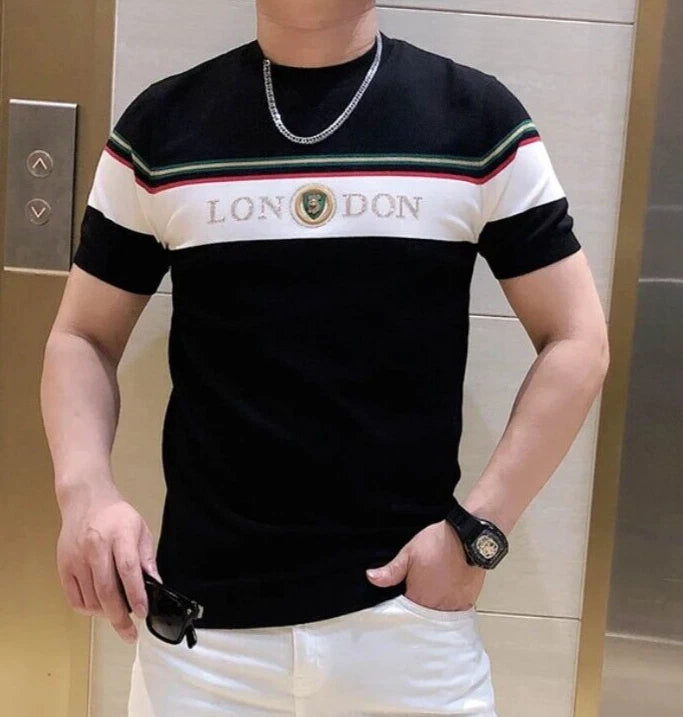 New Men Luxury Diamond Rhinestones Black White T-Shirt High Quality