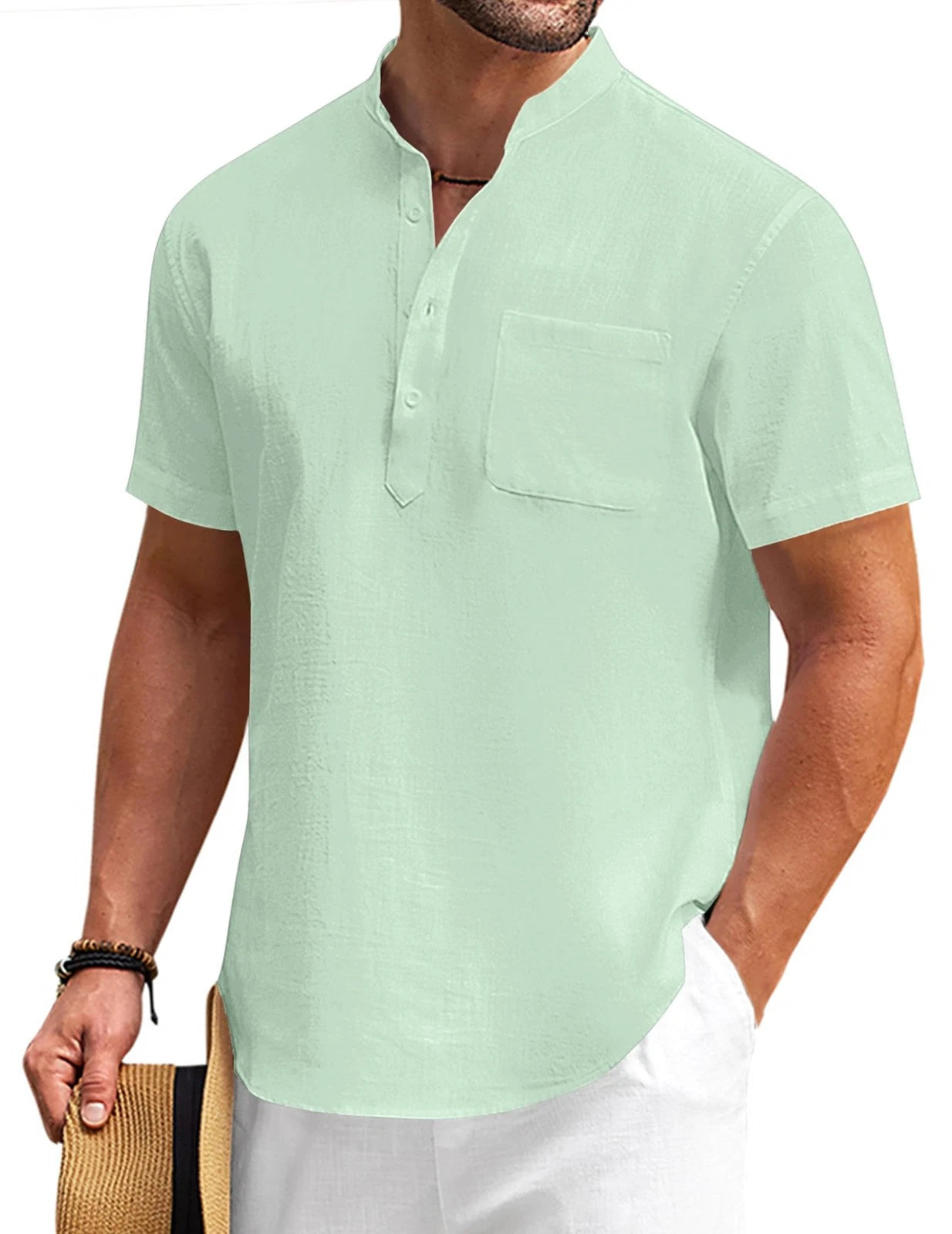 Men's Casual Cotton Linen Henley Shirts Beach with Pocket Light Green 3XL