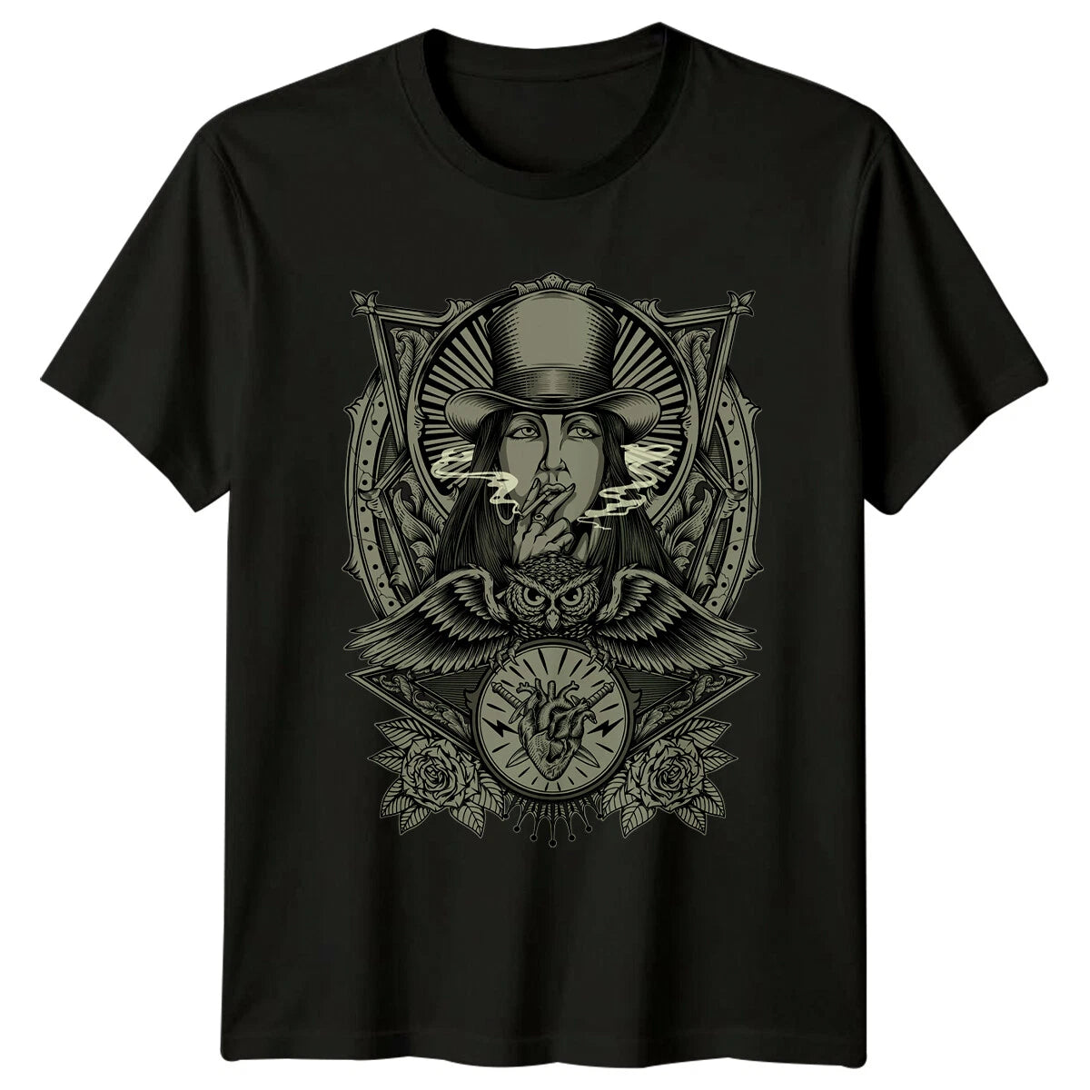 Smoking Lady With Owl Art Graphic Tee Mens Womens Unisex T-Shirt Top
