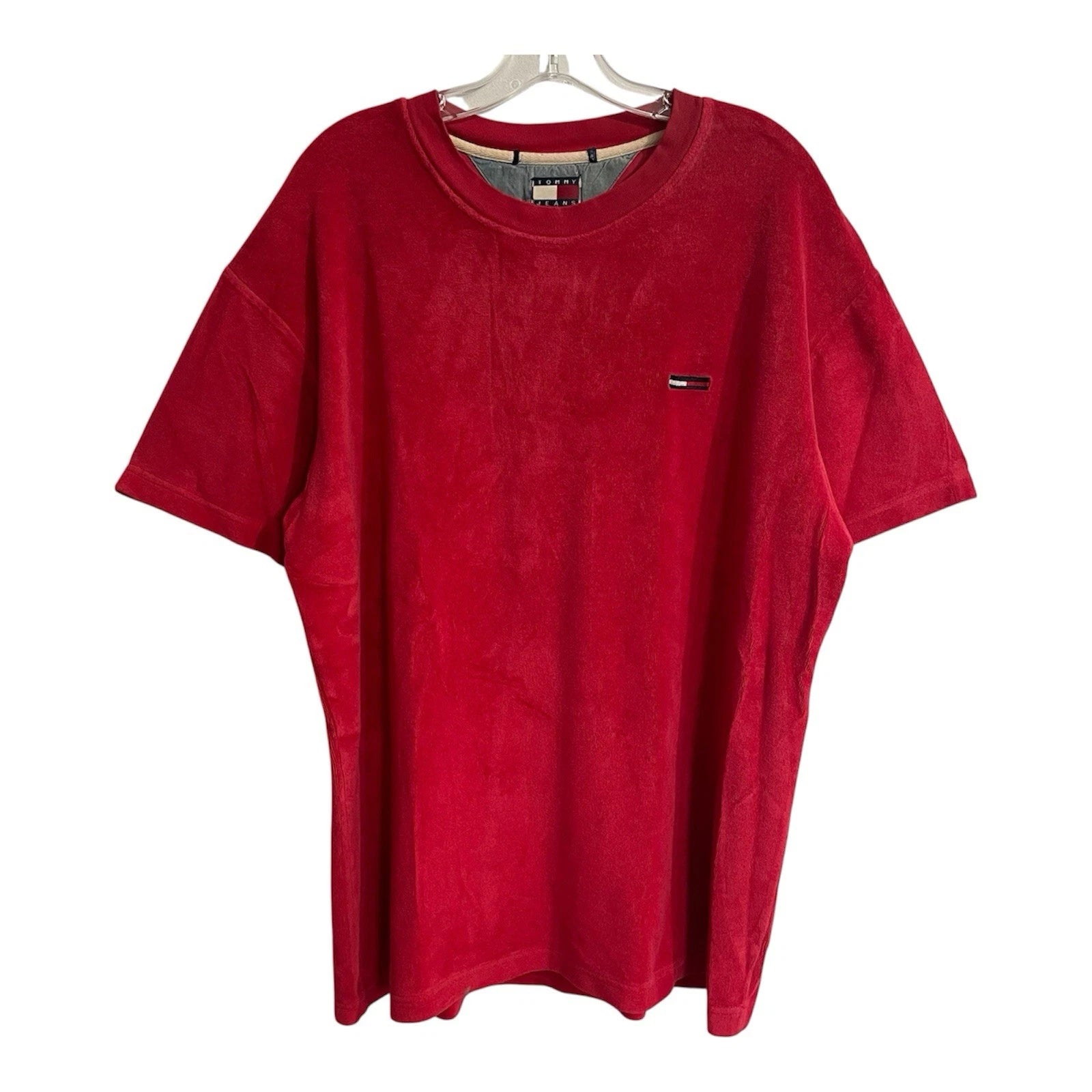 Tommy Jeans Shirt Mens Large Red Crew Neck Soft Terry Cloth Preppy Y2K Classic