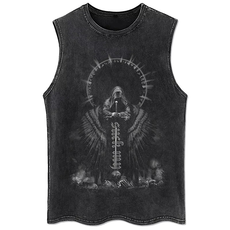 Gothic Angel Skeleton Butterfly Tank Top Washed Black Y2K Grunge Shirt [S-3XL]