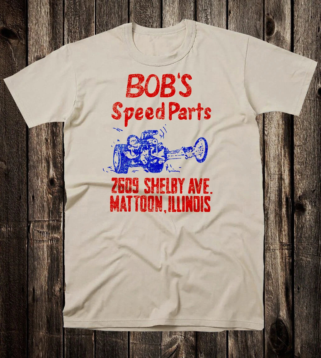 Retro Hot Rod Tee T Shirt Drag Racing Bobs Speed Parts Shop Mattoon Illinois