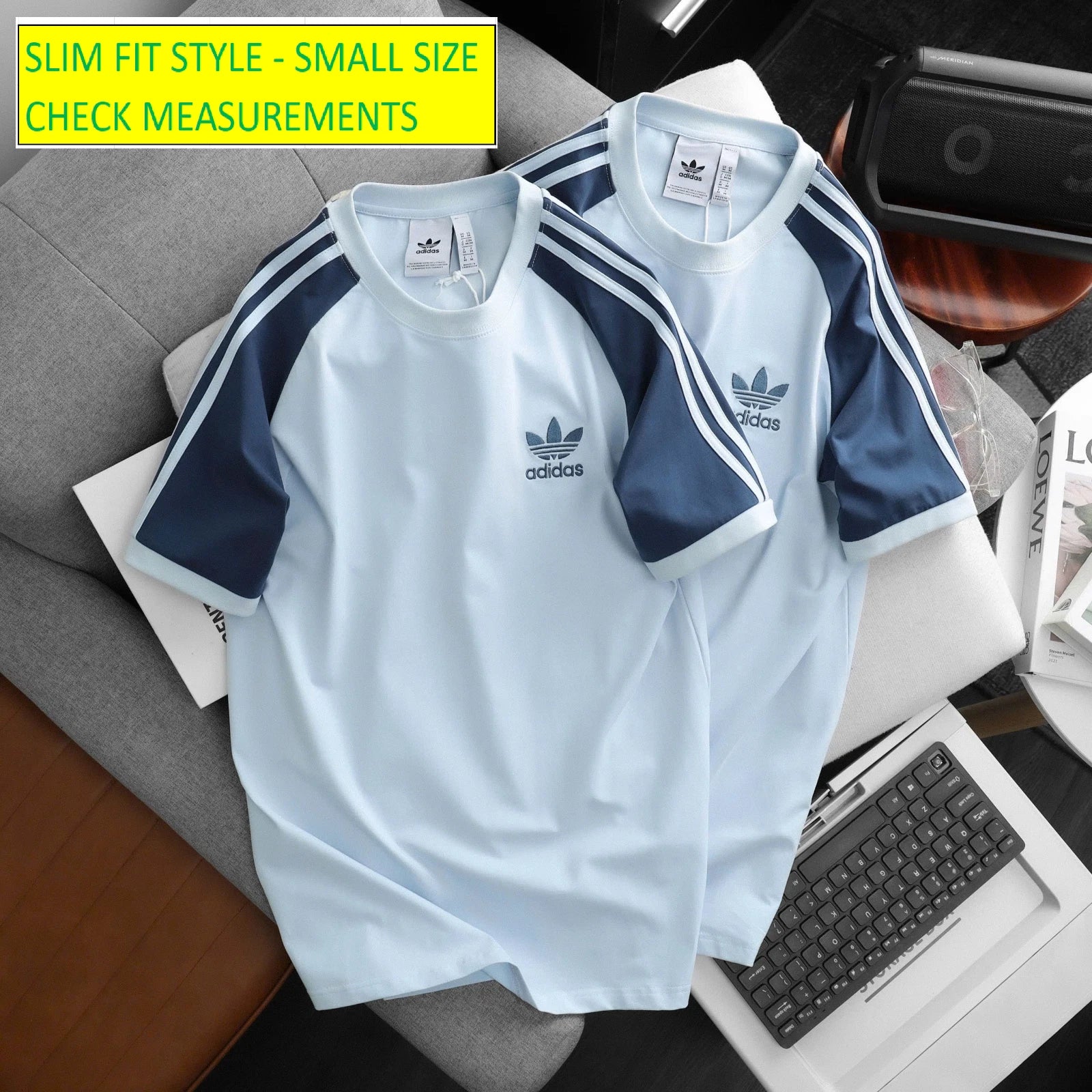 ADIDAS ORIGINALS 3-STRIPES CALIFORNIA Retro Trefoil TEE SHIRT~BLUE NAVY SLIM FIT