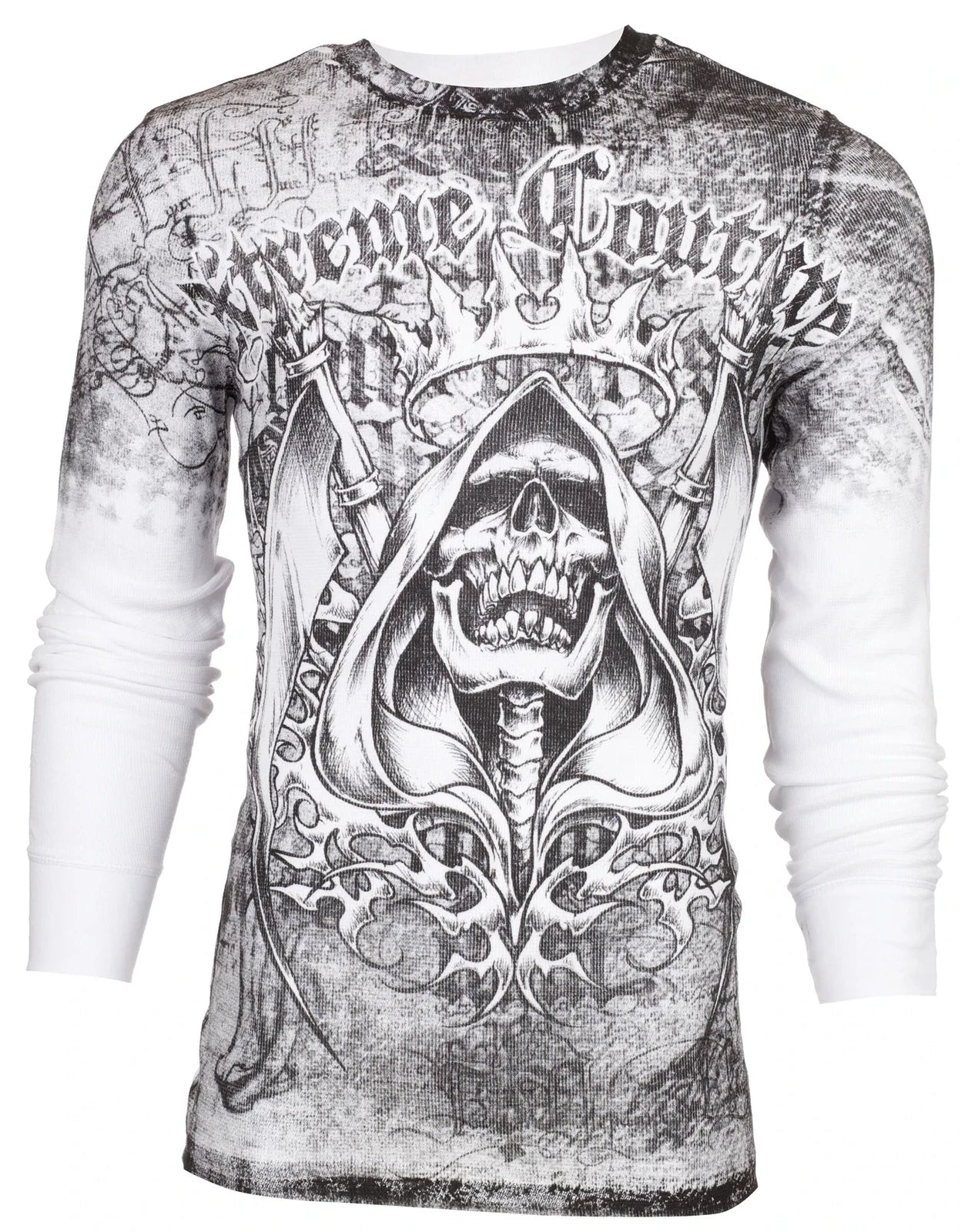 Xtreme Couture AFFLICTION Men's THERMAL T-Shirt DEATH LIST Tattoo Biker White
