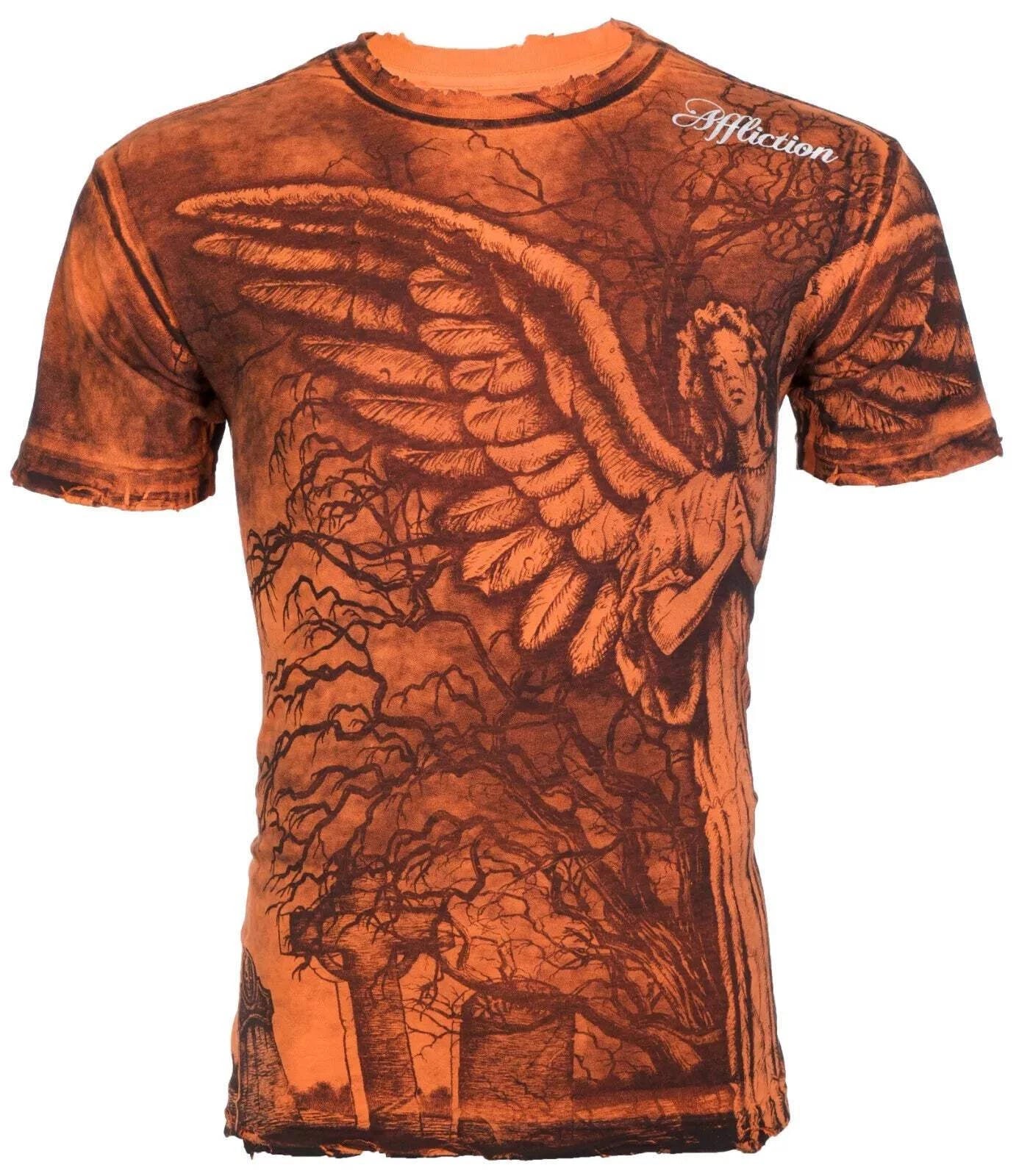$62 AFFLICTION Orange GRAVE ANGEL Short Sleeve Slim Fit Y2K T-shirt