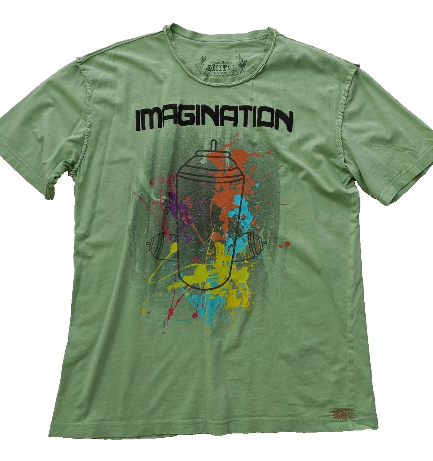EXCITED T-SHIRT Size L - COOL DISTRESSED DESIGN Spray Can HOLES FRAYS REPAIRS