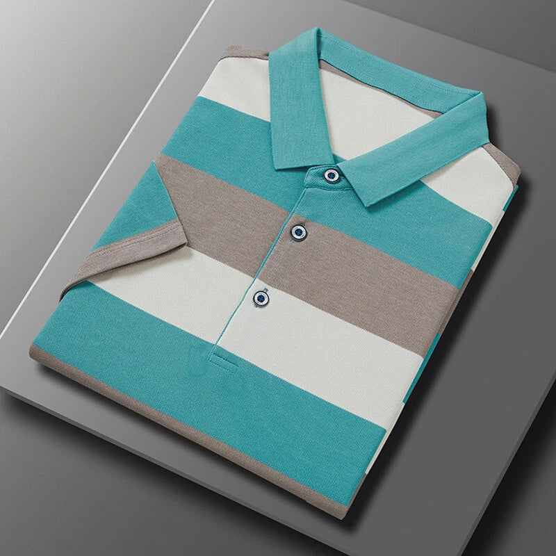 Men Wide Striped Short Sleeve Golf Shirt Front Button Casual Tee T-Shirt Top