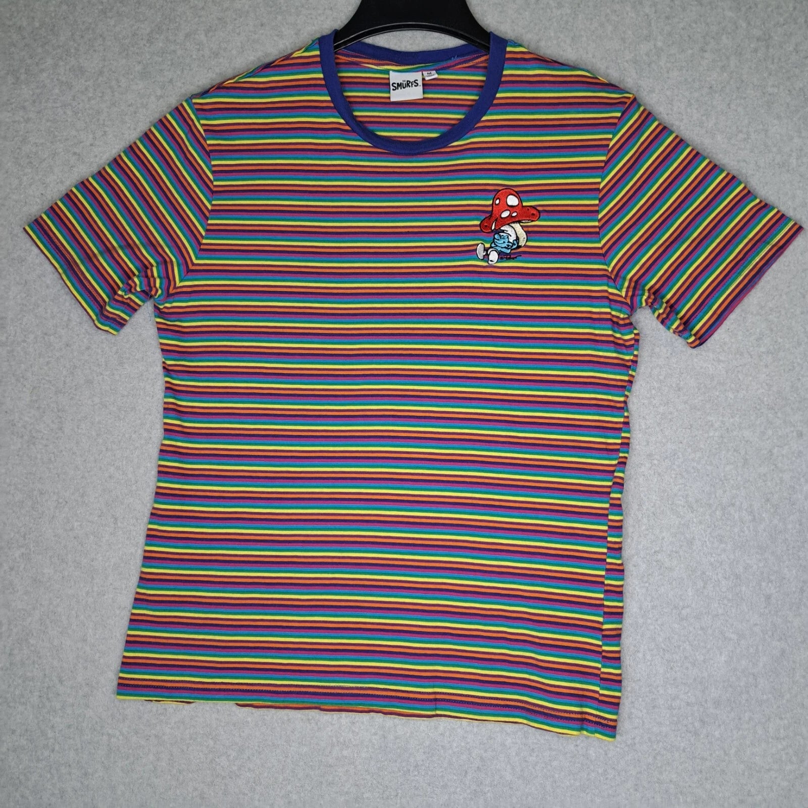 Smurfs Lazy Mushroom Fruit Striped Colorful T Shirt Medium Short Sleeve