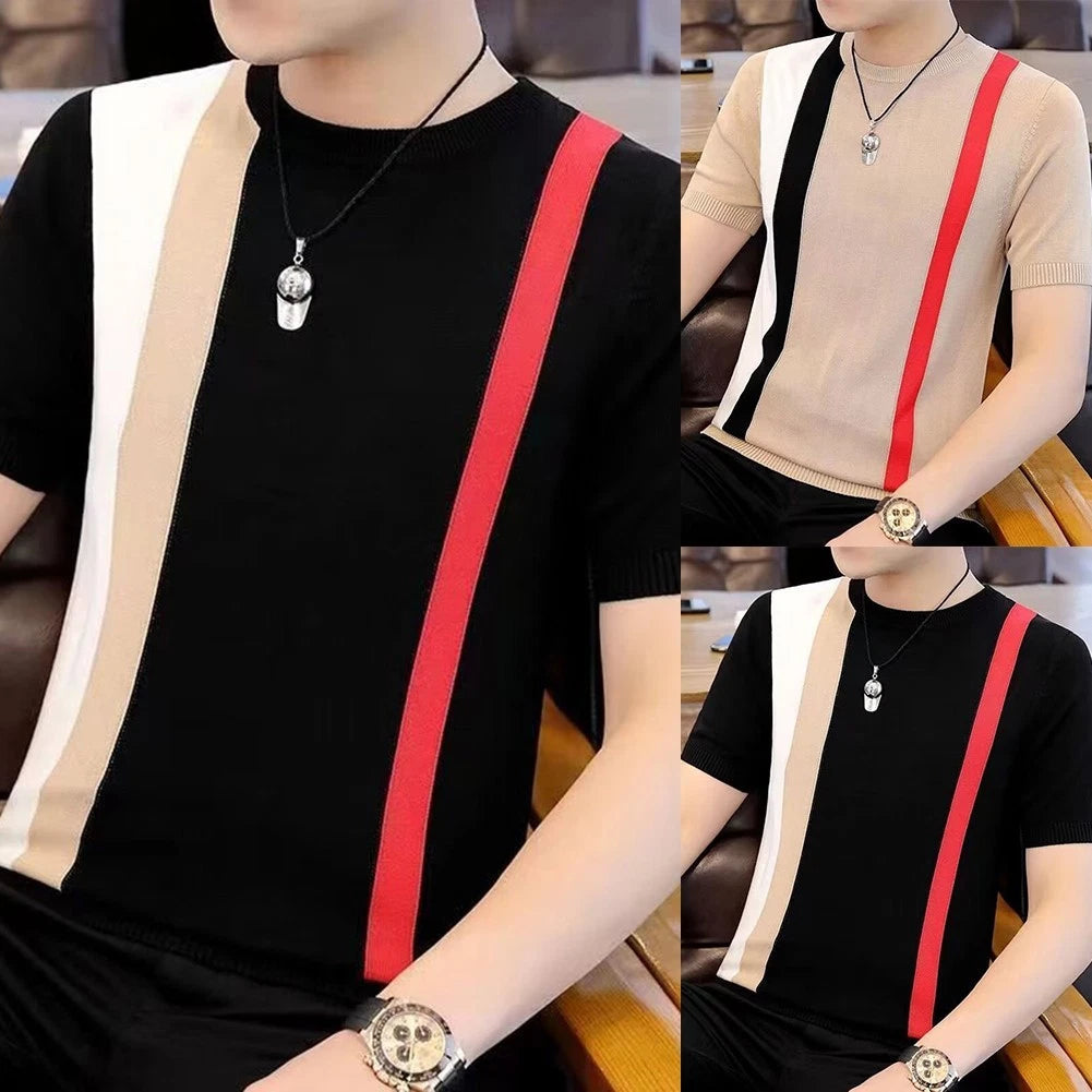 Men Slim Fit Tee Korean Style Stripe Pattern Round Neck Short Sleeve Slim Fit