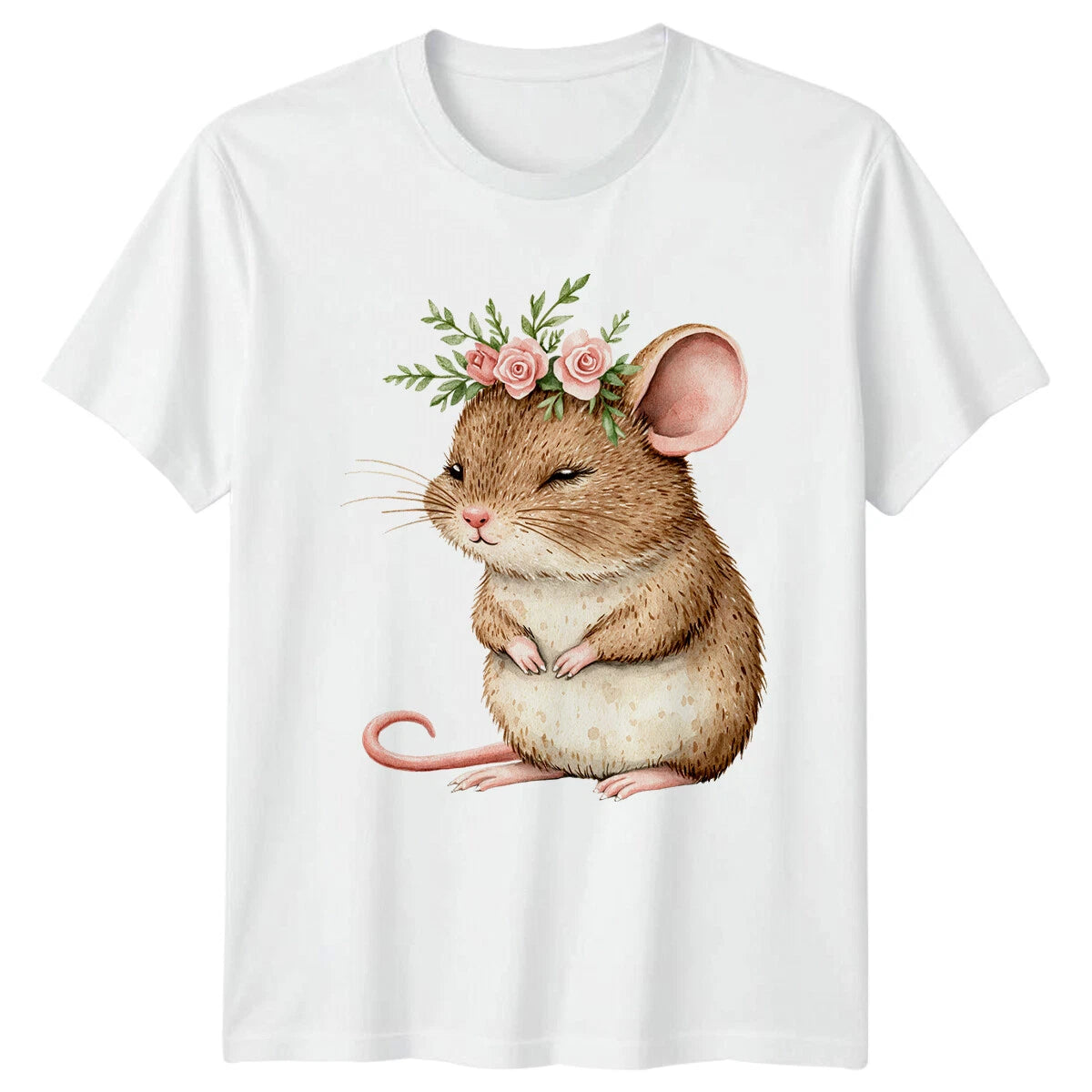 Watercolor Mouse Floral Crown Mice Animals Mens T-Shirt Womens Unisex Top