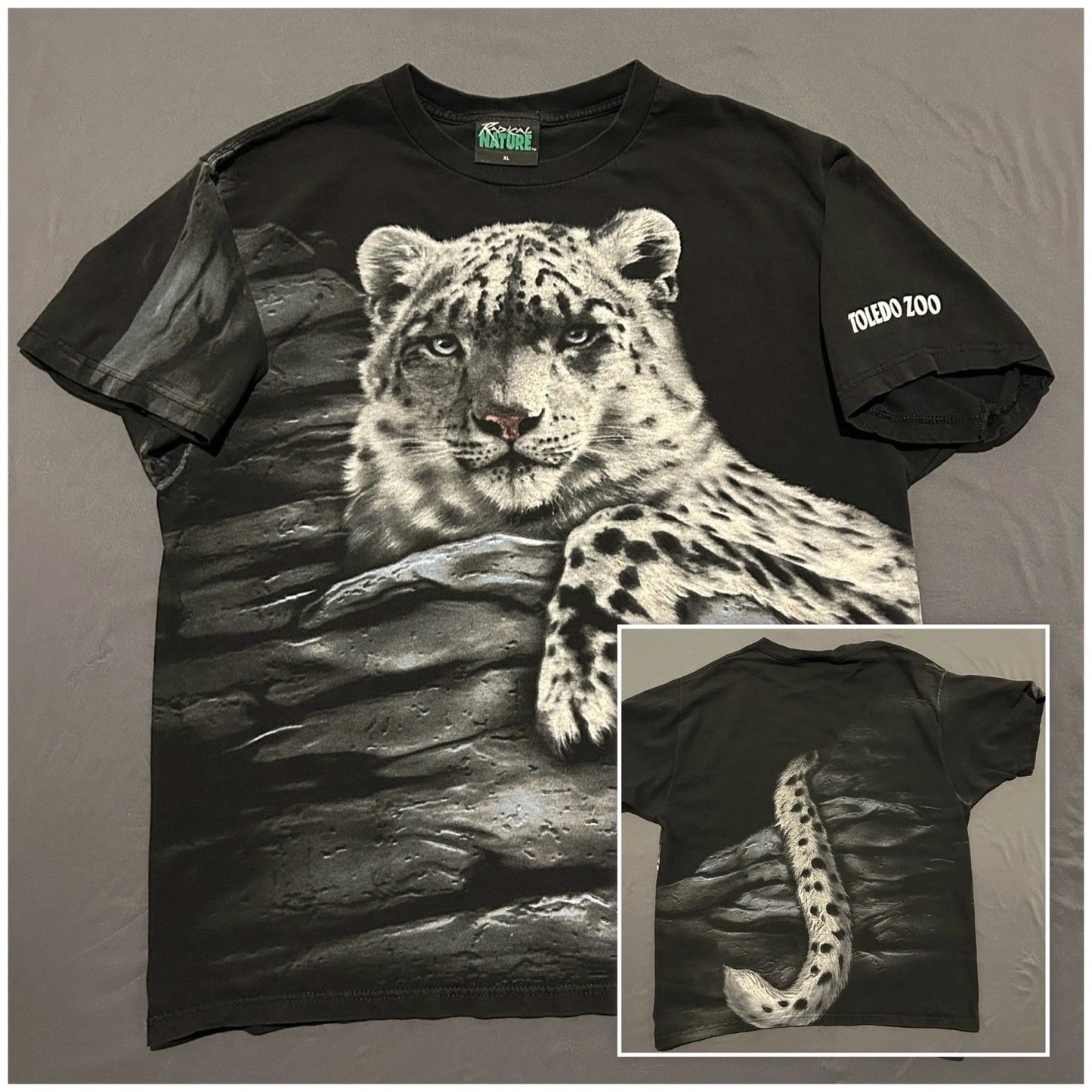 Vintage Radical Nature Snow Leopard Shirt Mens Large Black 90’s All Over Print