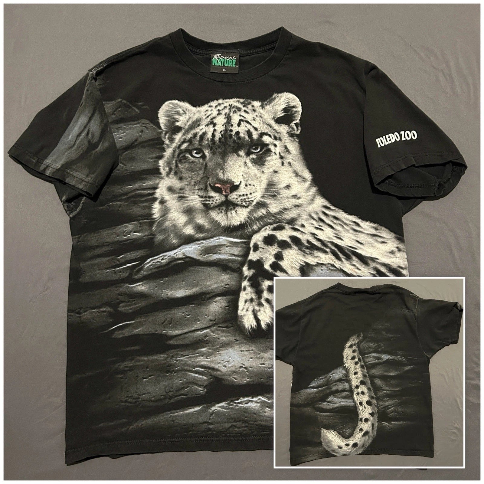 Vintage Radical Nature Snow Leopard Shirt Mens Large Black 90’s All Over Print