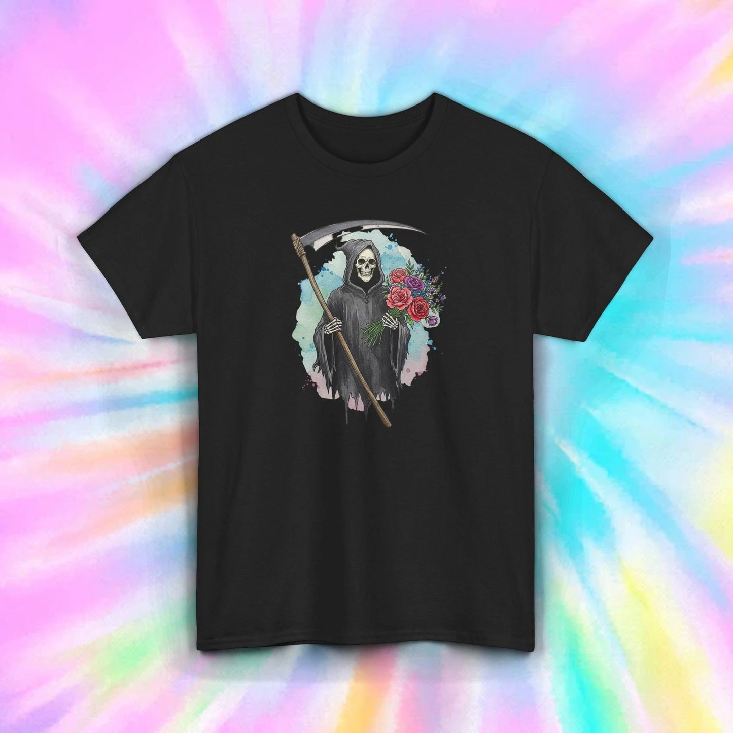 Grim Reaper Flowers T-Shirt Dark Humor Gothic Aesthetic Tee S-5XL