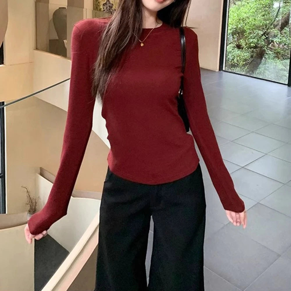 Crew Neck Long Sleeve Tee for Women Y2k Slim Fit Top Polyester Blend Style