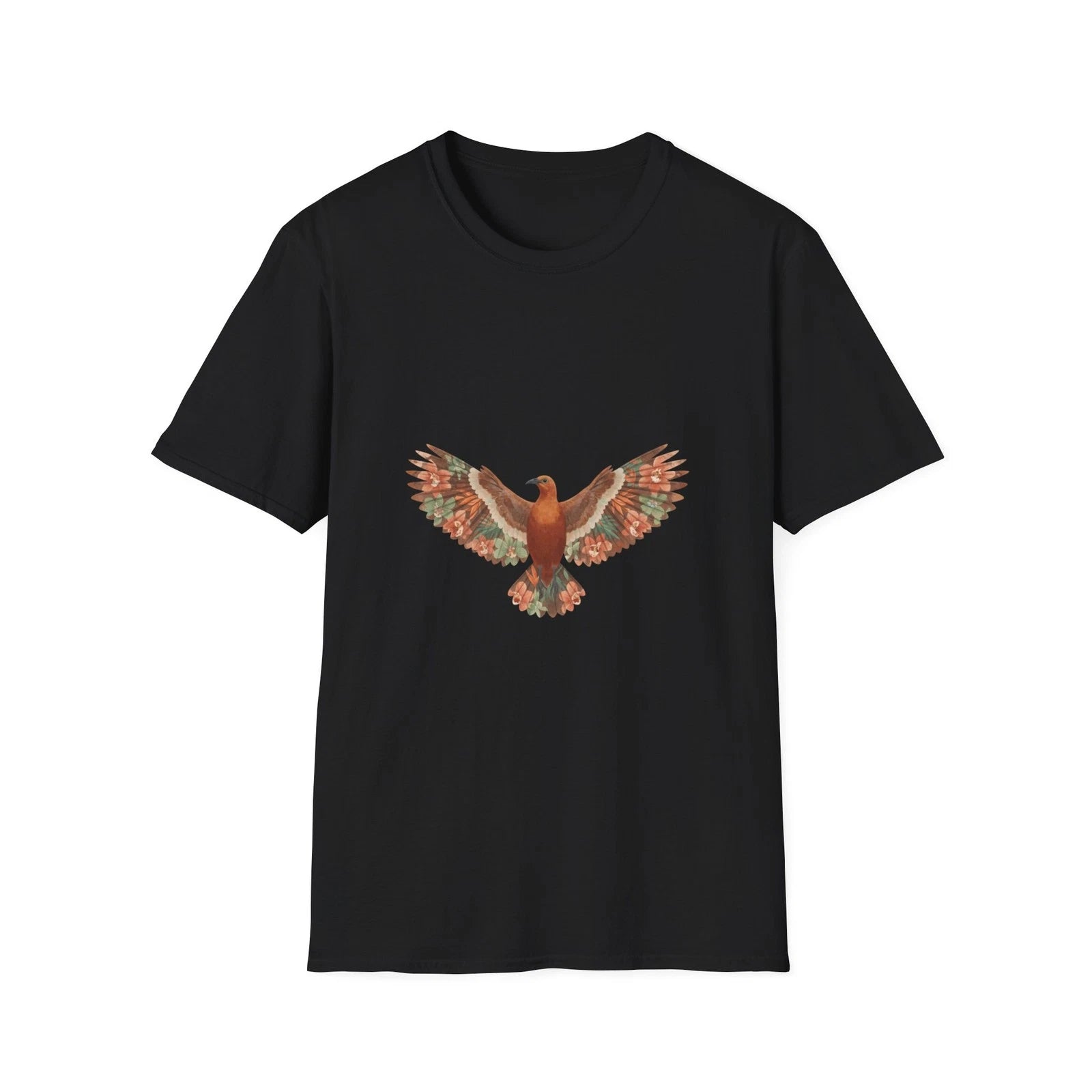 Bird Floral Watercolor Nature Boho Black T-Shirt Aesthetic Print Tee