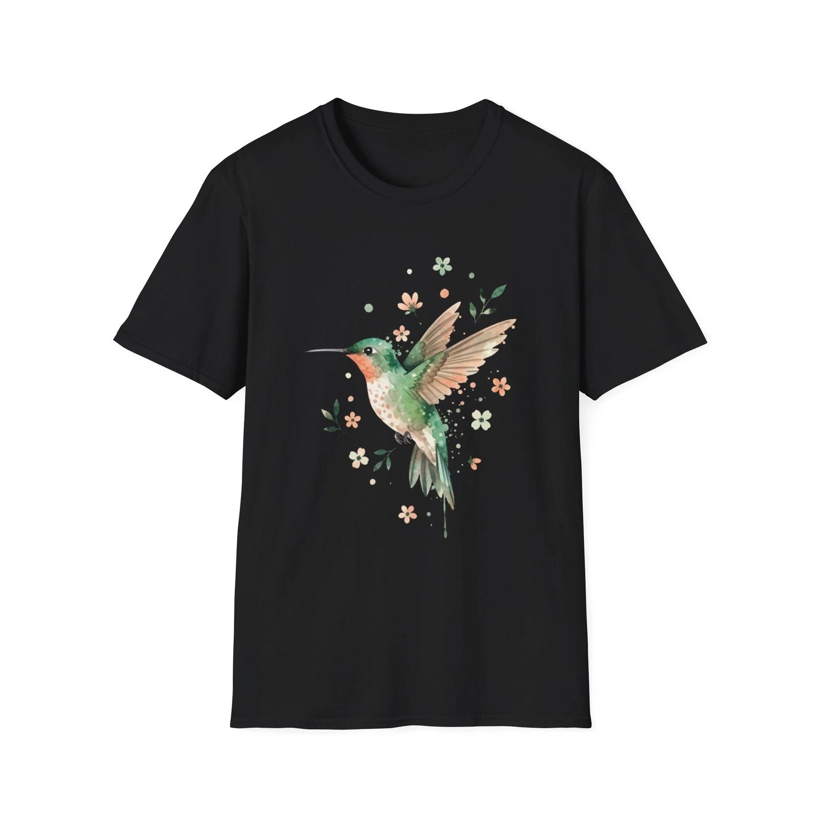 Hummingbird Watercolor Floral Nature Black Tee Aesthetic Print T-Shirt