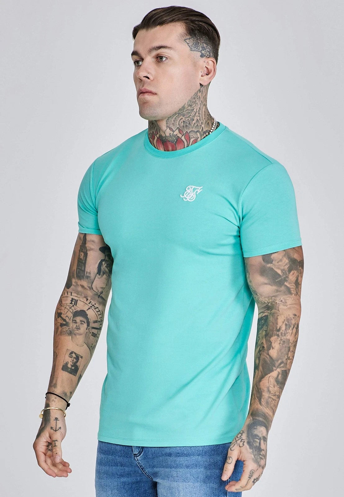 SikSilk Men's Muscle Fit Short Sleeved Crew Neck Essentials T-Shirt Tee Green
