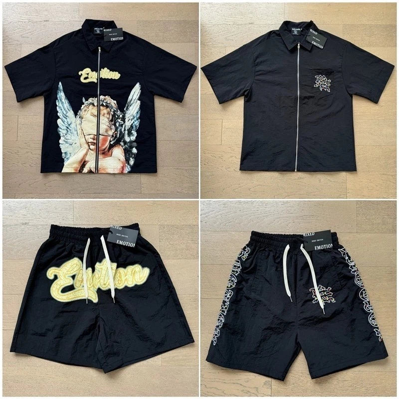 Mixed Emotion Letter Print Beaded Knitted Short-Sleeved Shirt and Casual Shorts