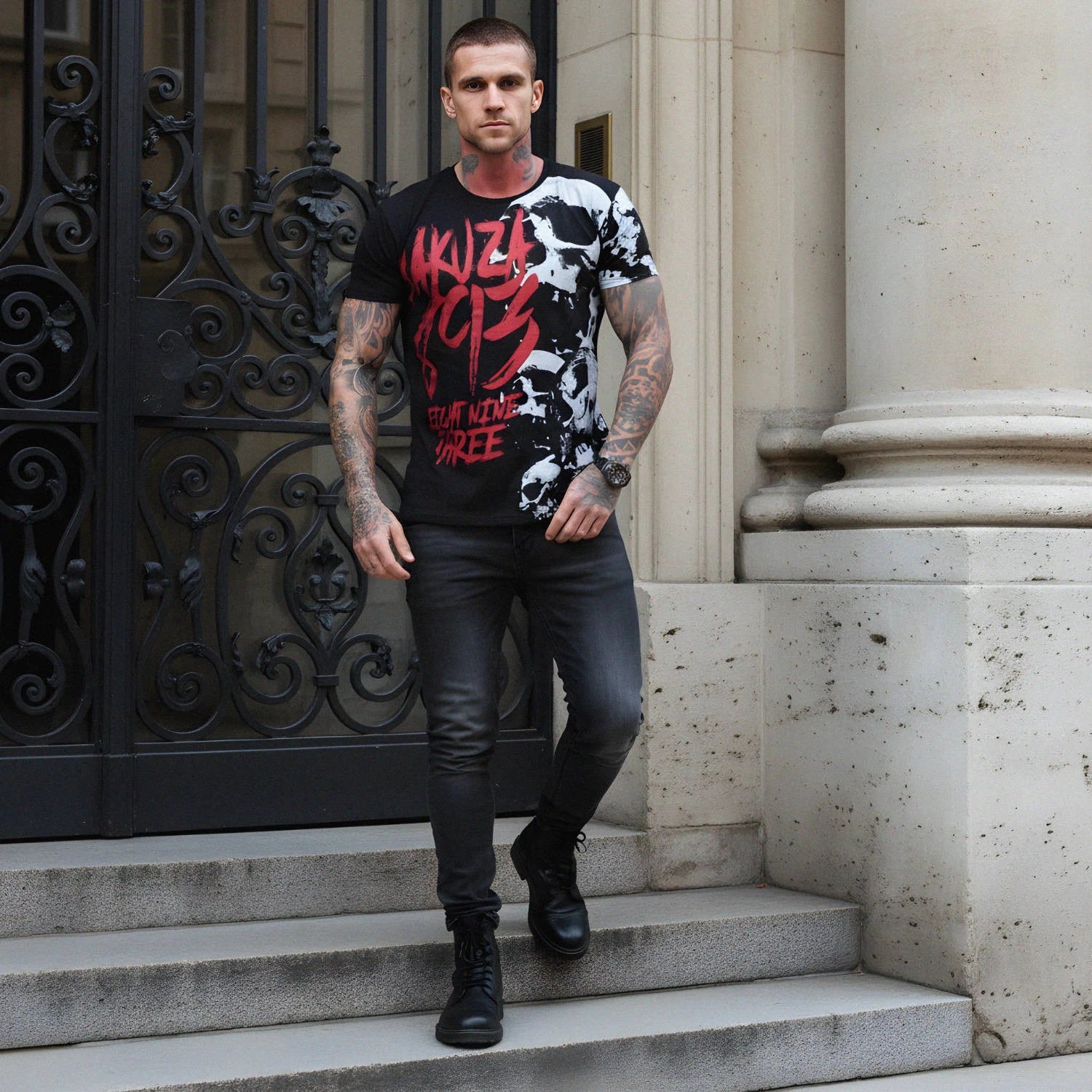 New Yakuza Men's Skull Theme Regular T-Shirt - Black