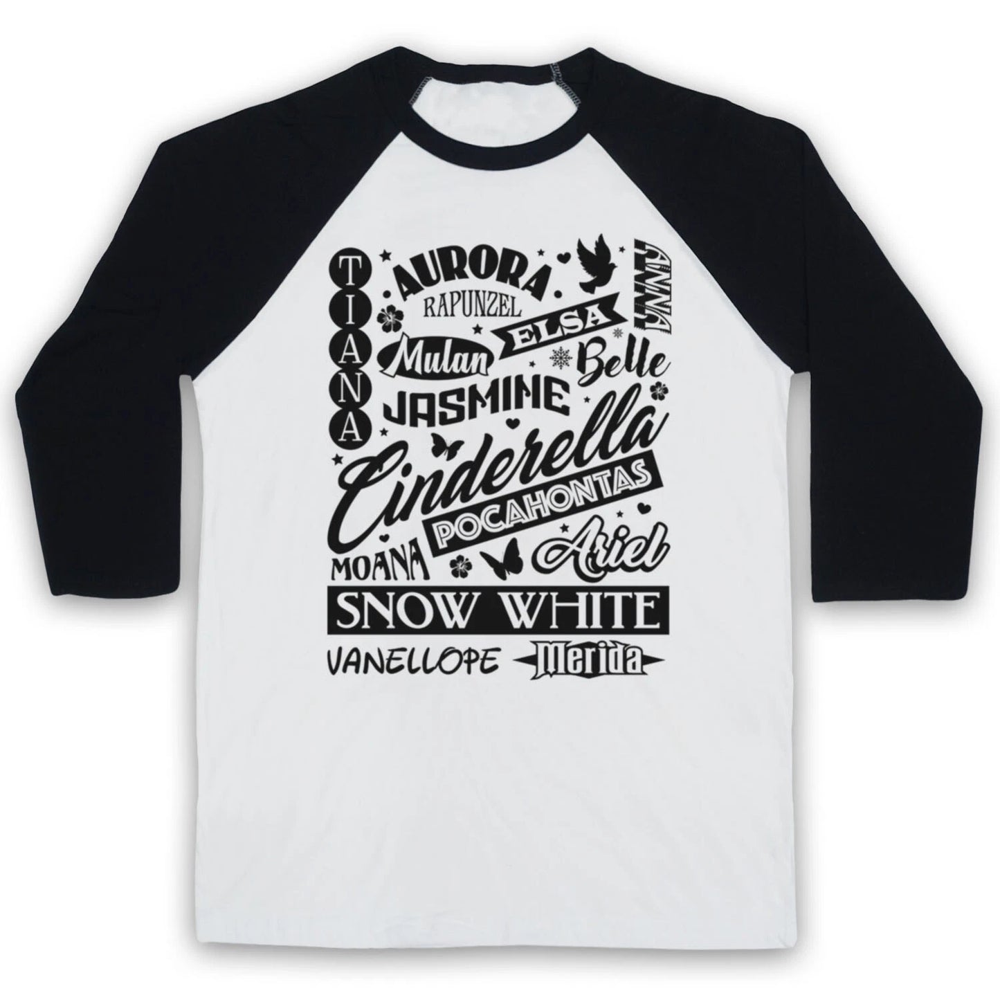 CARTOON PRINCESS NAMES TYPOGRAPHY FILM PRINCESSES 3/4 SLEEVE BASEBALL TEE