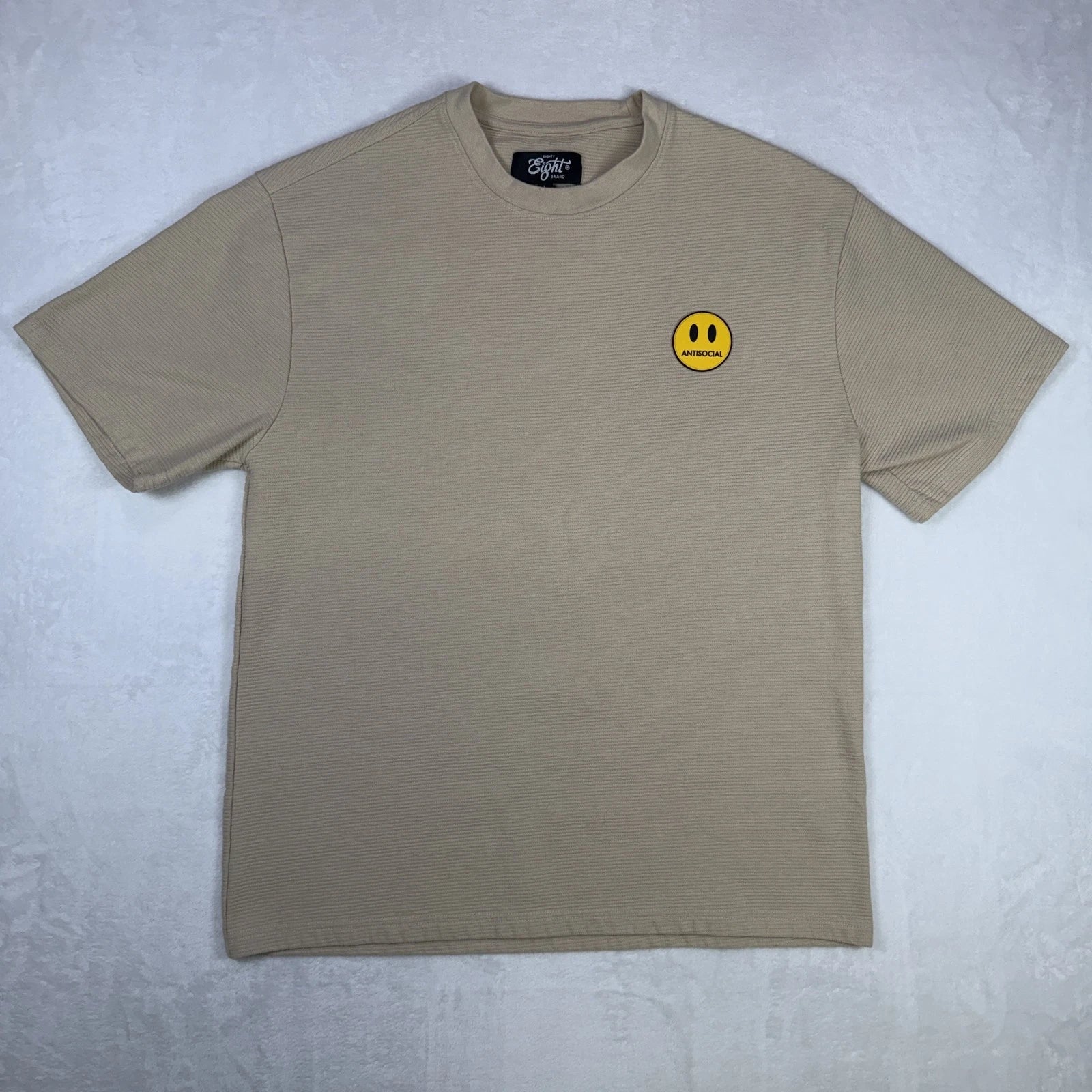 Eighty Eight Brand Men's Ribbed T-Shirt Size Large Beige Antisocial Smiley Patch