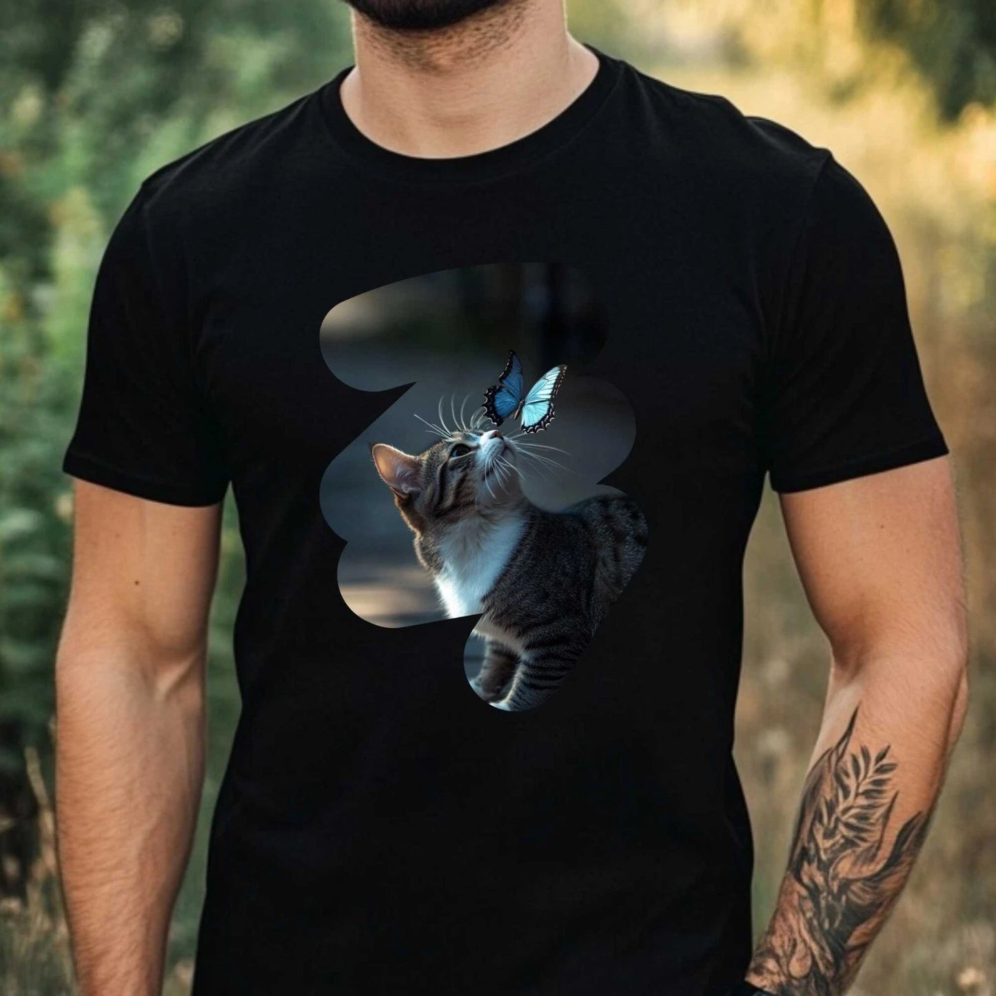 Mens Cat and Butterfly Print Cotton T-Shirt Size XS to 5XL
