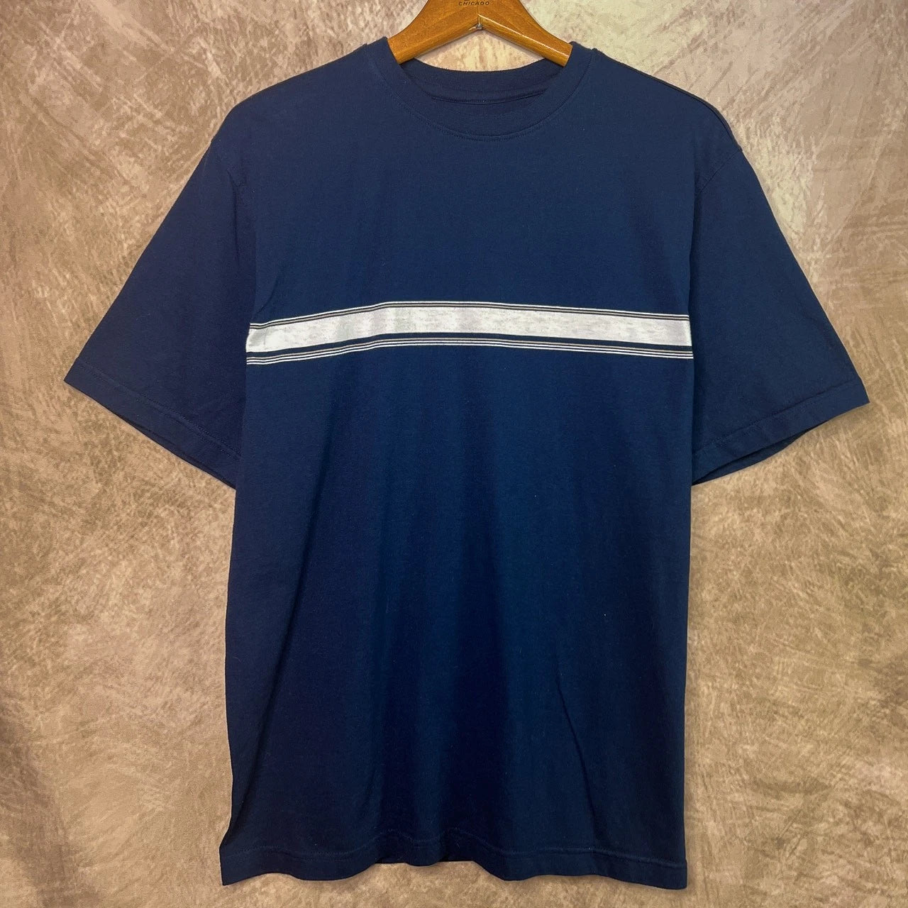 Vintage Y2K Center Stripe T-Shirt Navy Blue Short Sleeve Skater Punk Streetwear