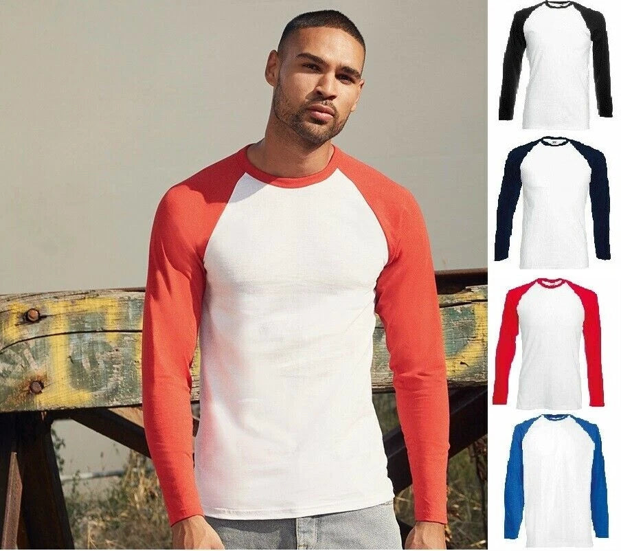 Men's Long Sleeve Baseball T Shirt Cotton Tee Contrast All Sizes