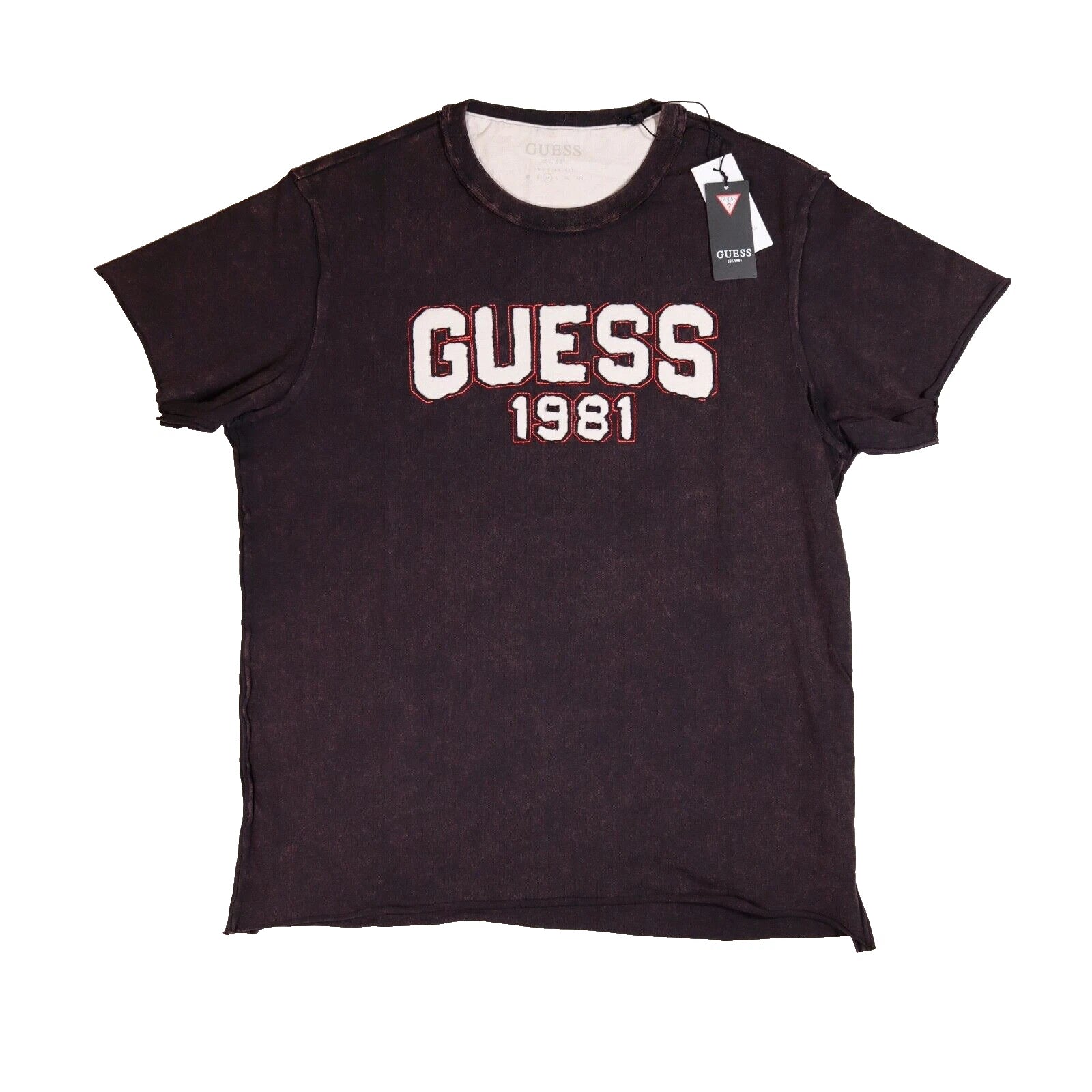 Guess TShirt Mens Medium Acid Wash Spellout Patchwork Logo Raw Hem BNWT Reg Fit