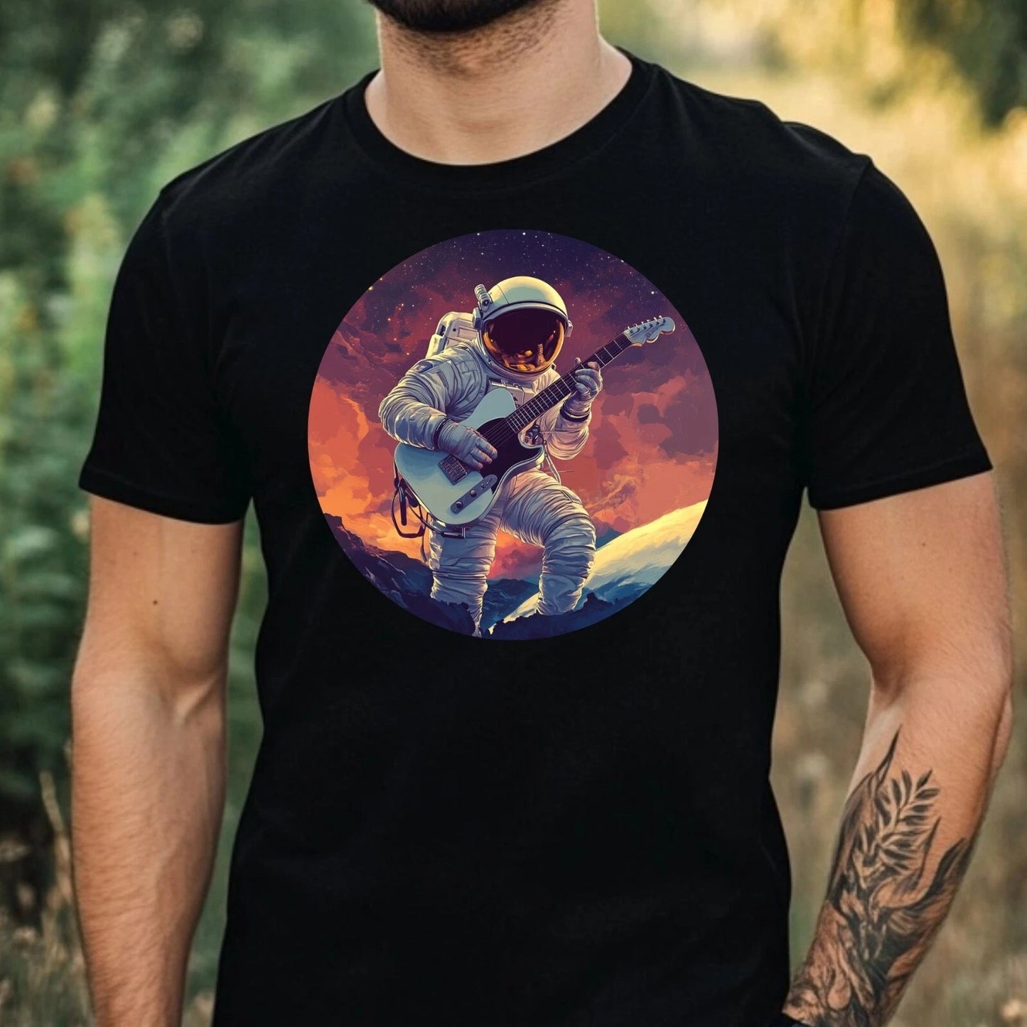 Mens Astronaut Playing Guitar Print Cotton T-Shirt Size XS to 5XL