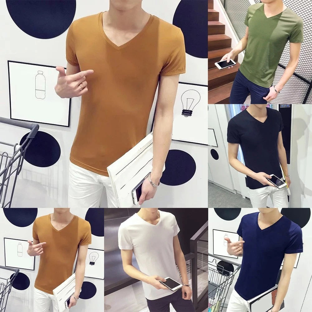 Mens V Neck Tee Daily Wear Party Wear Short Sleeve Solid Color Regular Length