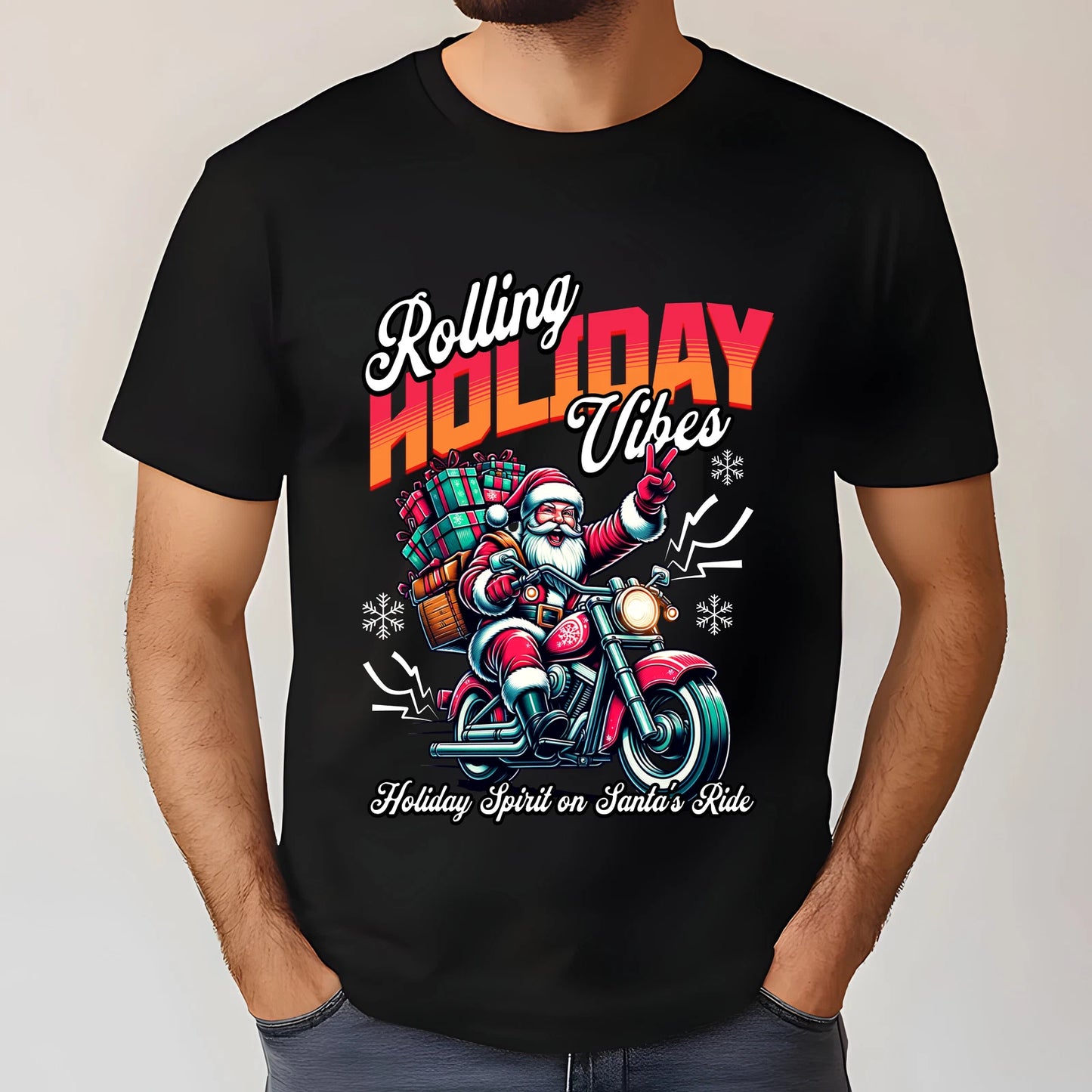 Christmas Motorcycle Santa T-Shirt, Holiday Vibes Tee, Unisex Gift, Festive Tee