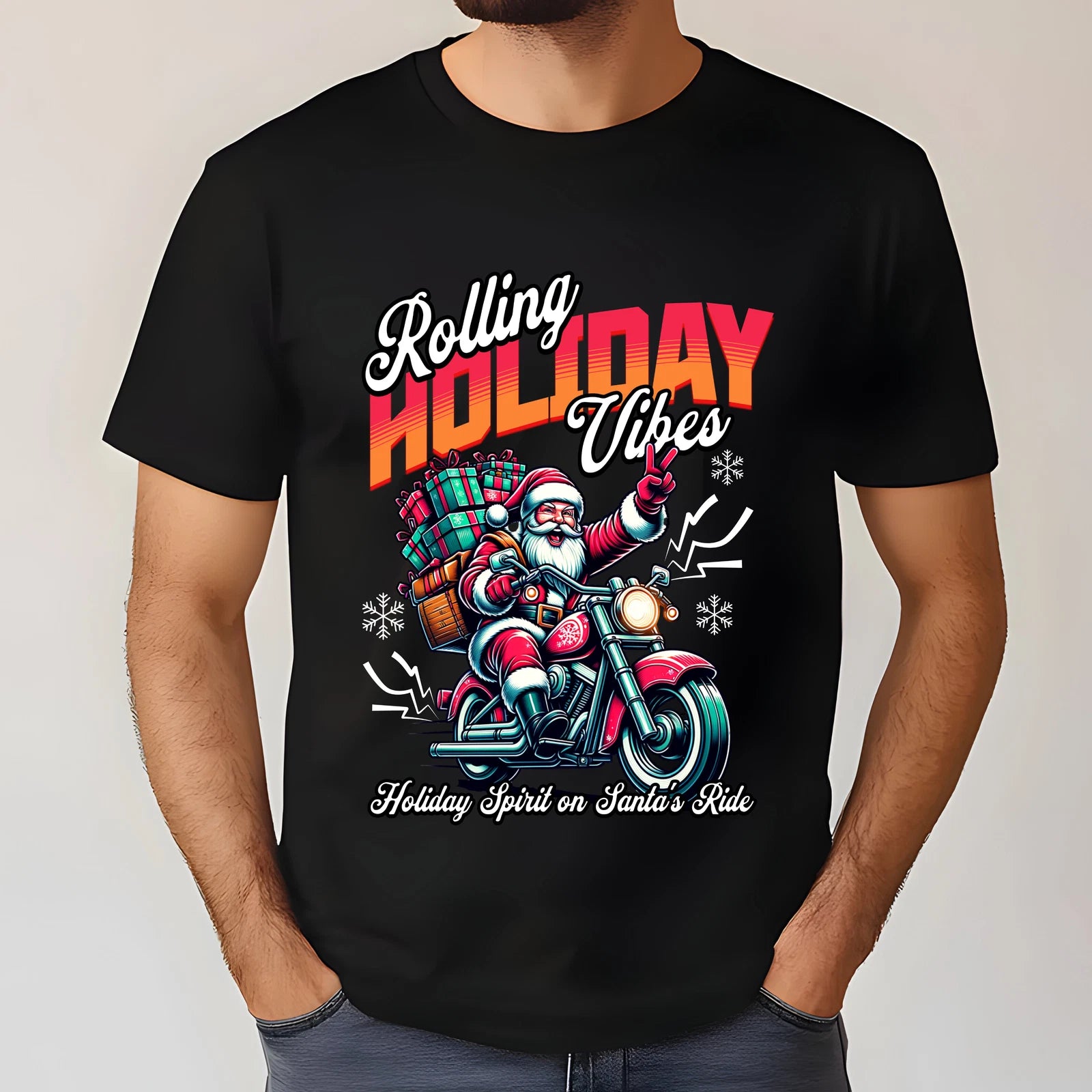 Christmas Motorcycle Santa T-Shirt, Holiday Vibes Tee, Unisex Gift, Festive Tee