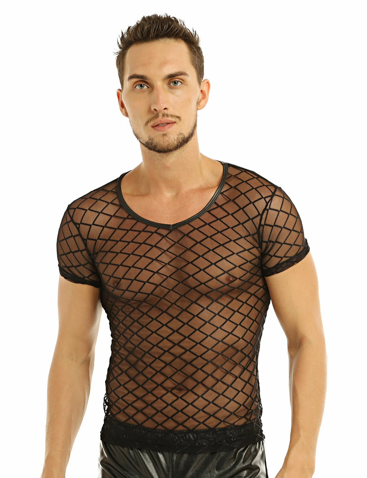 Mens Mesh T-Shirt Sheer Shirt Tops Stretch Undershirt Underwear M-XL