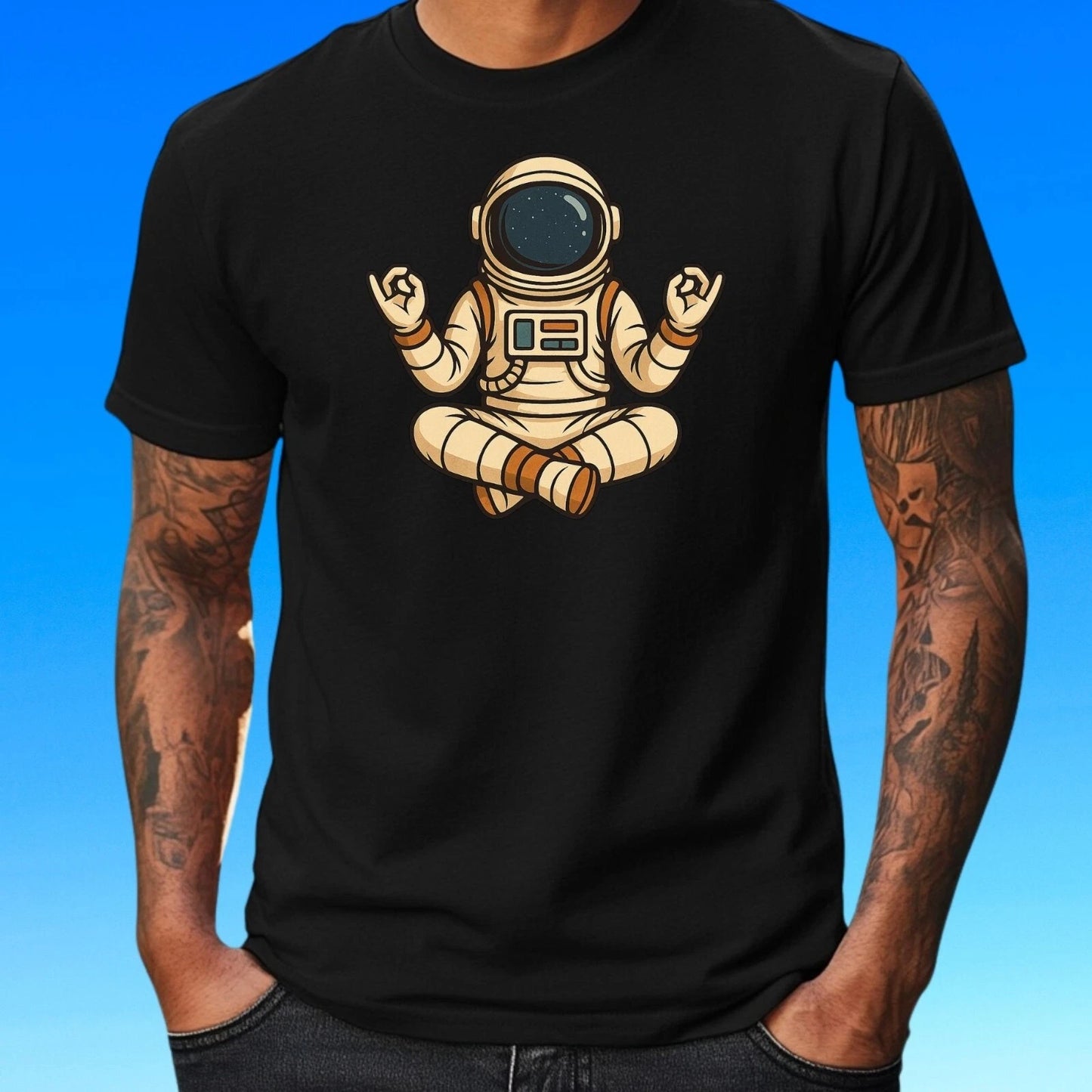 Mens Meditating Astronaut Motif Cotton T-Shirt Size XS to 5XL