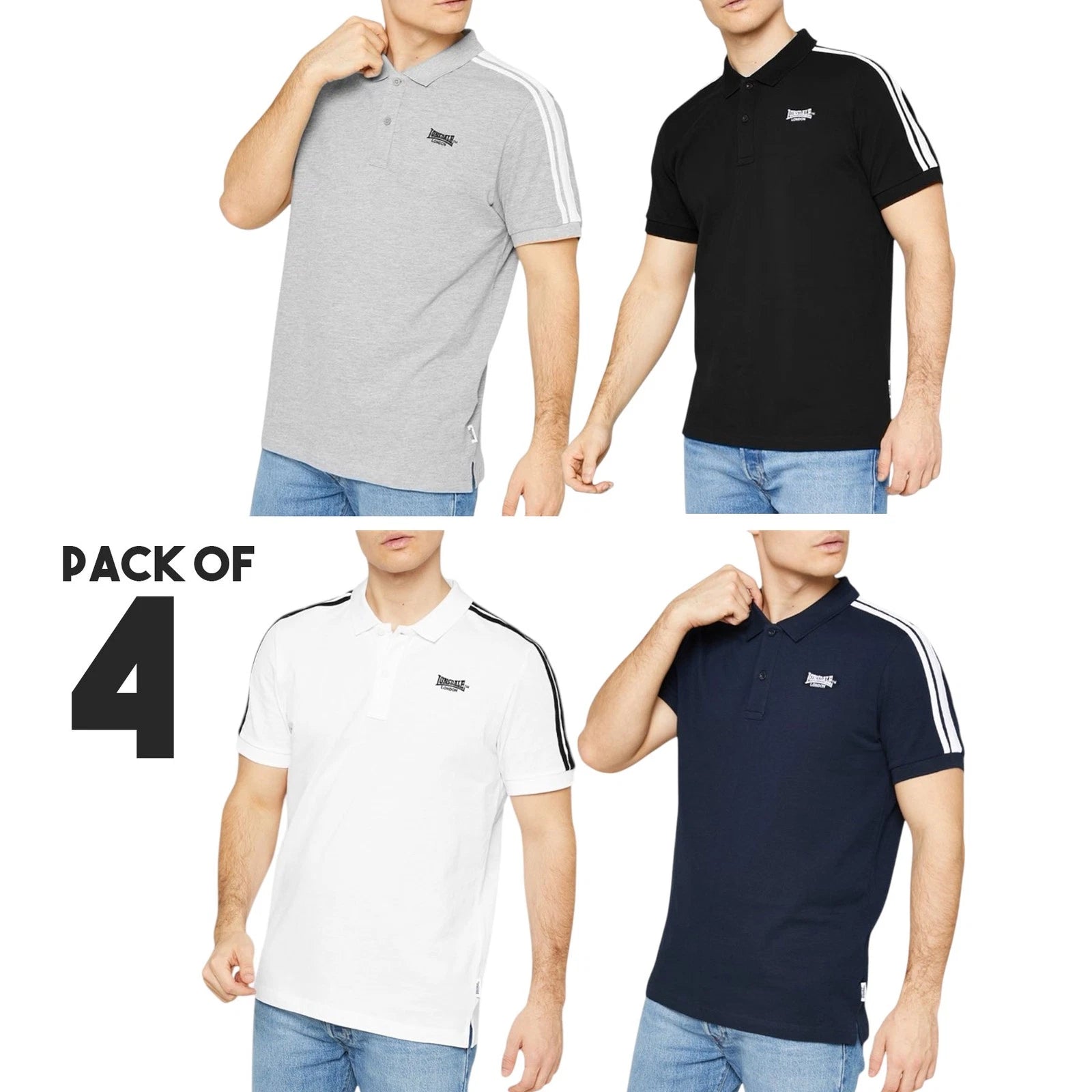 Lonsdale 4 Pack Mens Polo Shirt Regular Fit Piqué Polo Soft Stretch Cotton Top