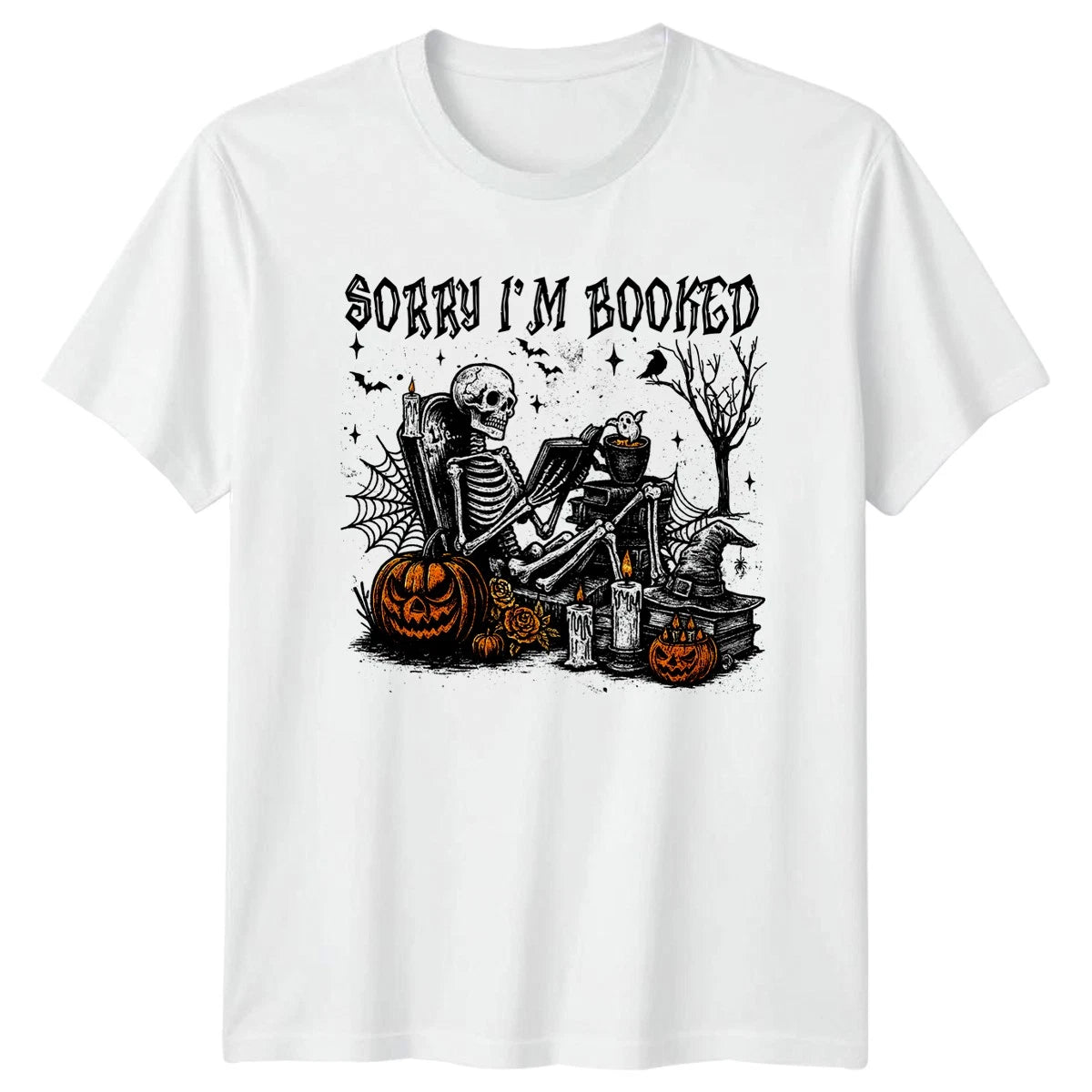 Sorry Im Booked Skeleton Reading Halloween Mens Womens Graphic Tee