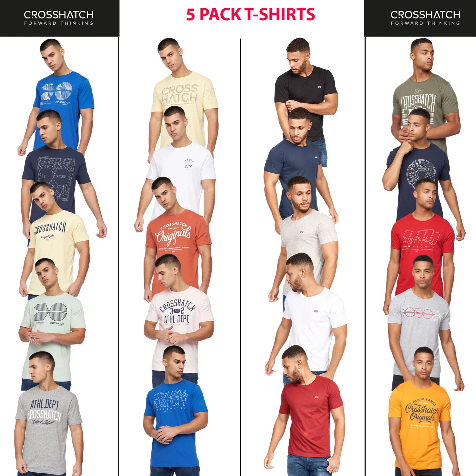 Mens T-Shirts 5 PACK Short Sleeve T-Shirt Crew Neck Multipack Designer Tee