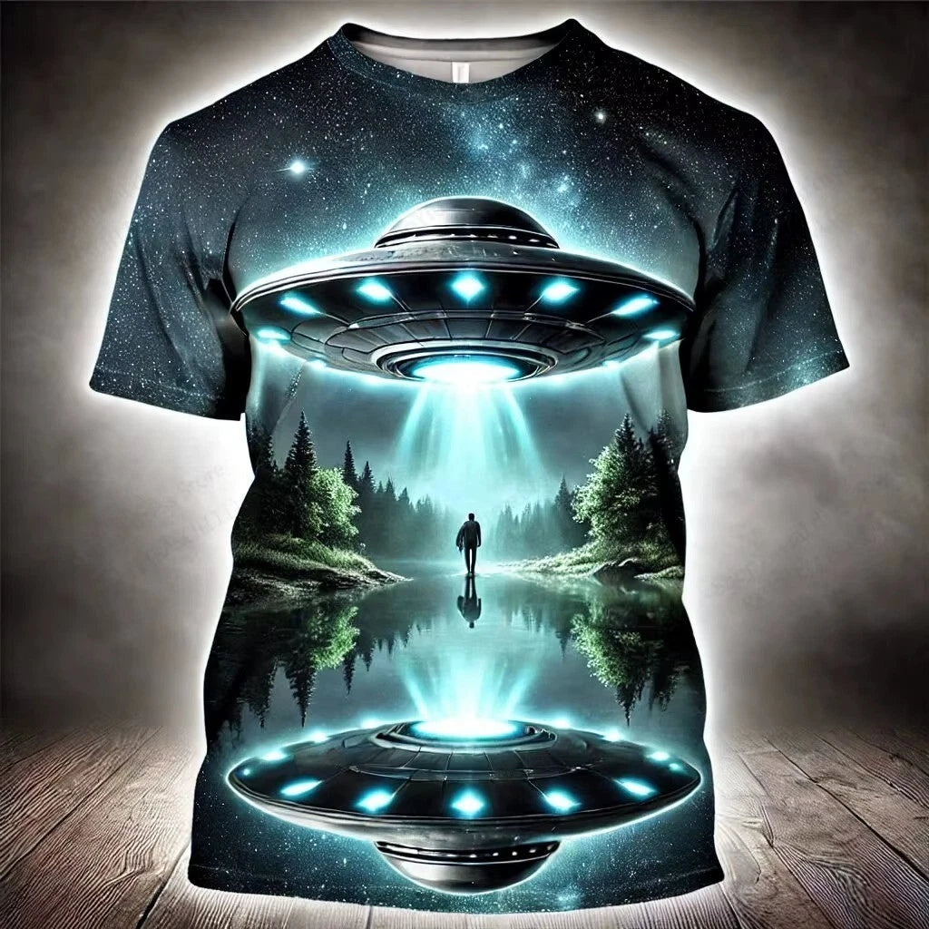 Men UFO Alien 3D Print T Shirt Funny Graphic Summer Casual Short Sleeve